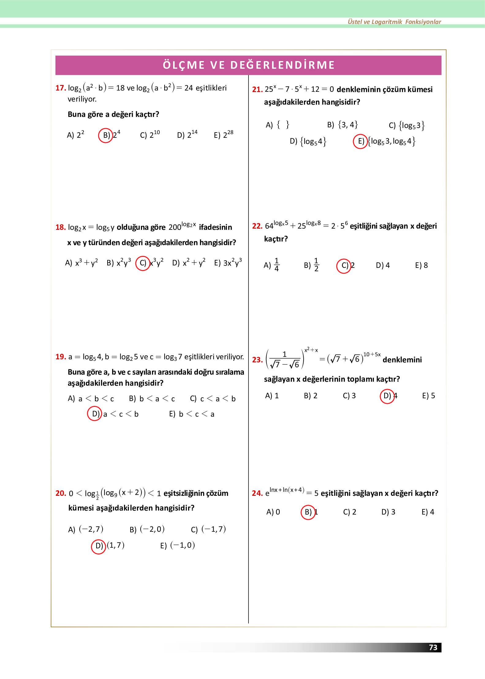 12. Sınıf Meb Yayınları Fen Lisesi Matematik Ders Kitabı Sayfa 73 Cevapları
