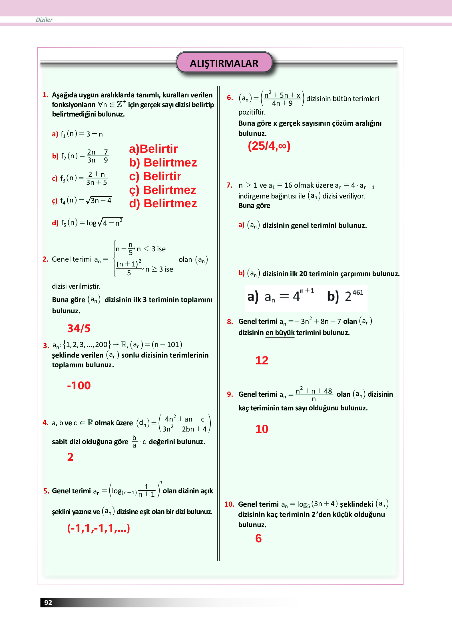 12. Sınıf Meb Yayınları Fen Lisesi Matematik Ders Kitabı Sayfa 92 Cevapları