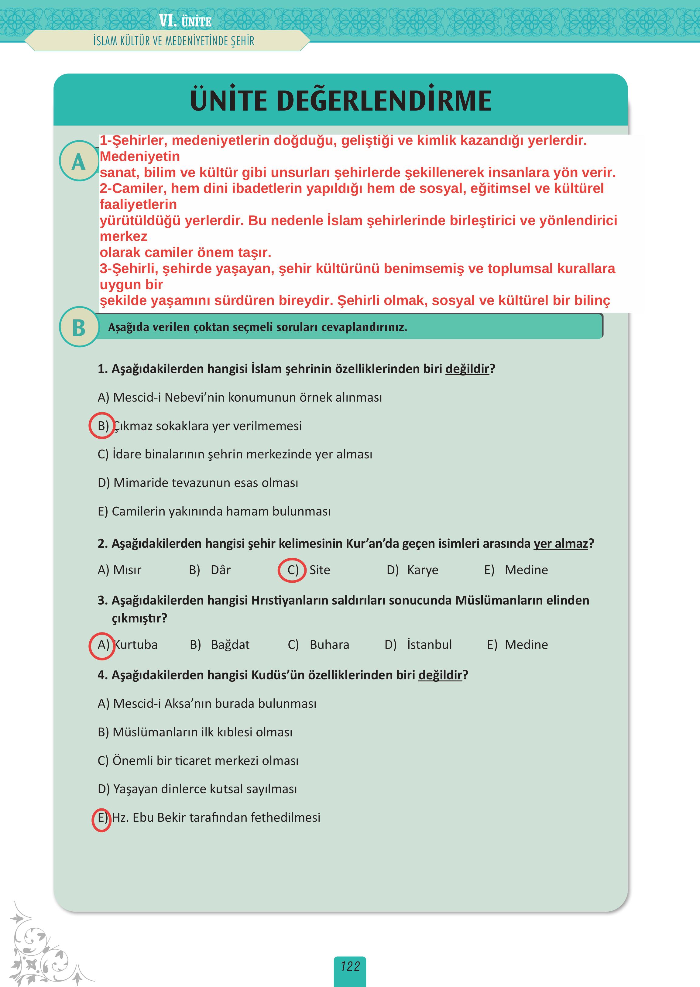 12. Sınıf Meb Yayınları İslam Kültür Ve Medeniyeti Ders Kitabı Sayfa 122 Cevapları