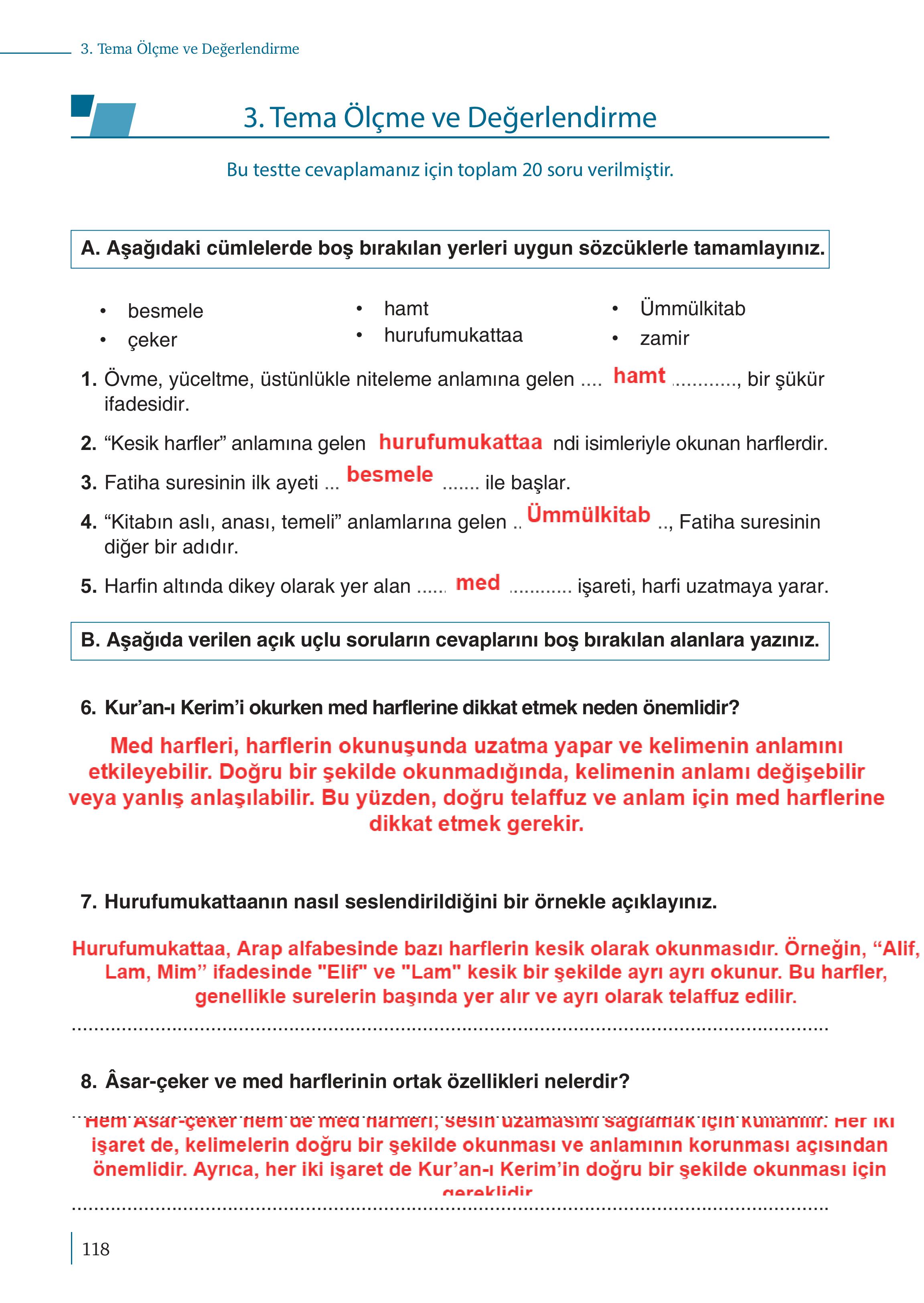 5. Sınıf Meb Yayınları Kuran-ı Kerim Ders Kitabı Sayfa 118 Cevapları
