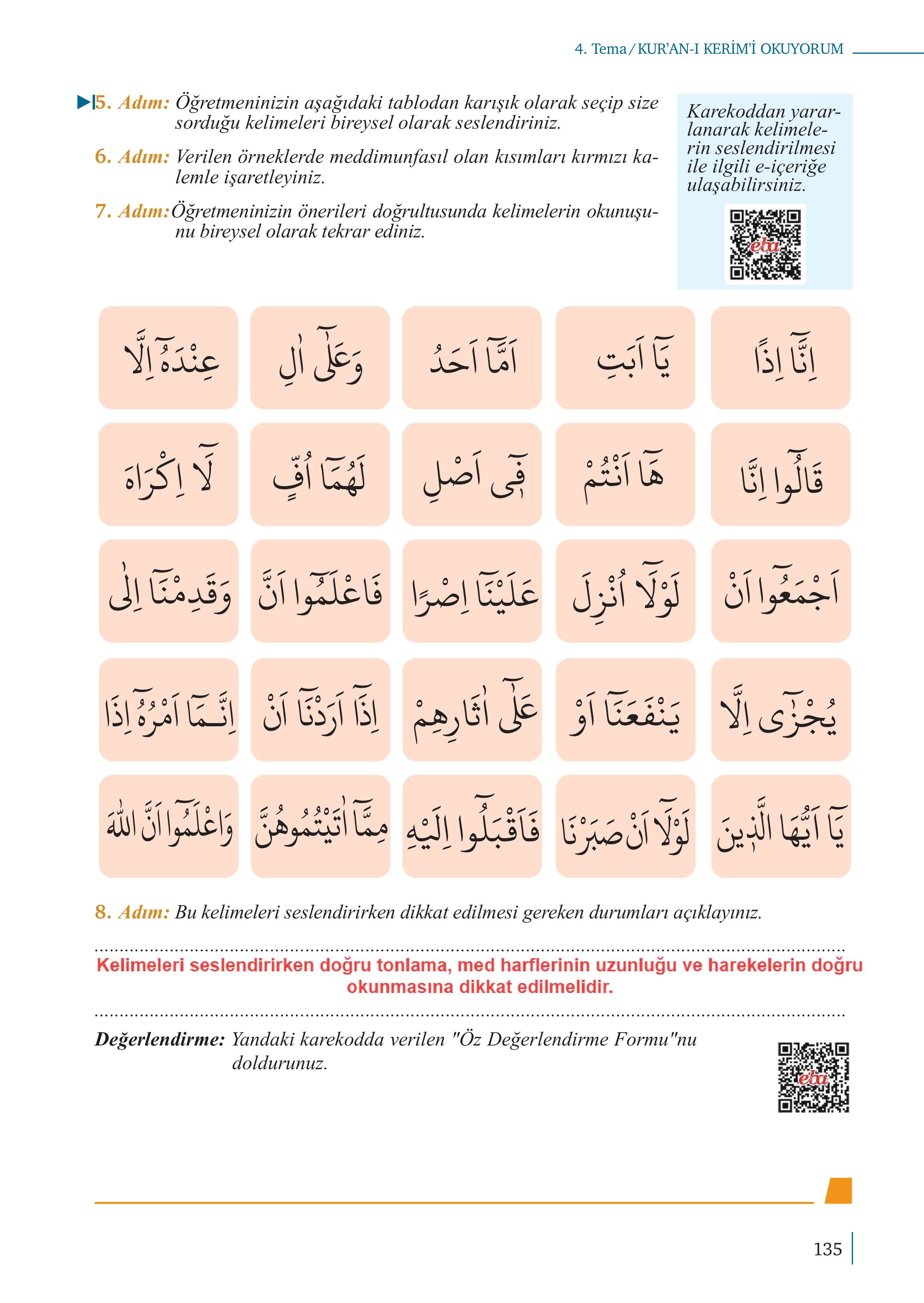 5. Sınıf Meb Yayınları Kuran-ı Kerim Ders Kitabı Sayfa 135 Cevapları