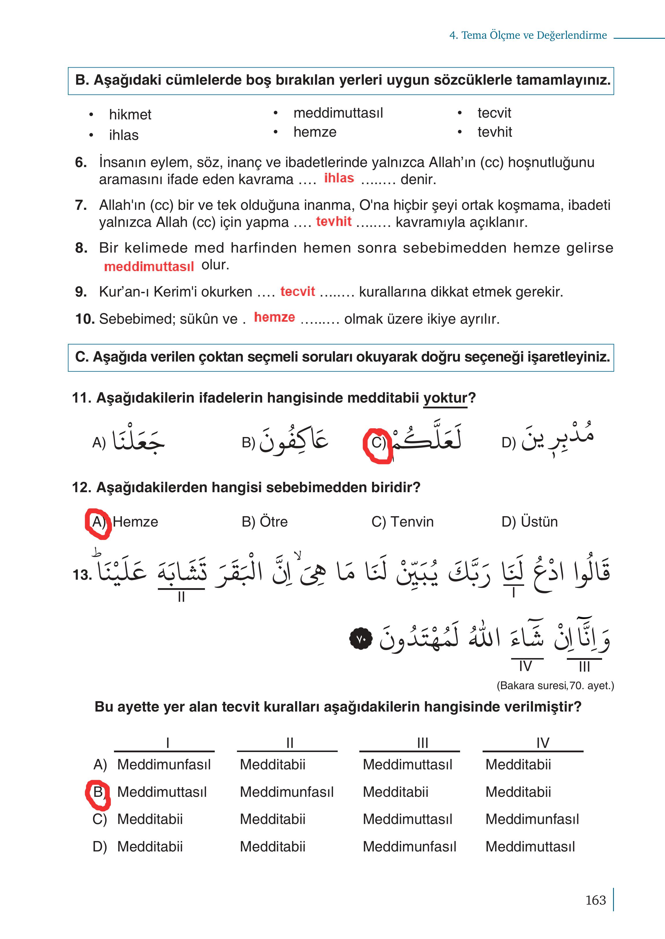 5. Sınıf Meb Yayınları Kuran-ı Kerim Ders Kitabı Sayfa 163 Cevapları