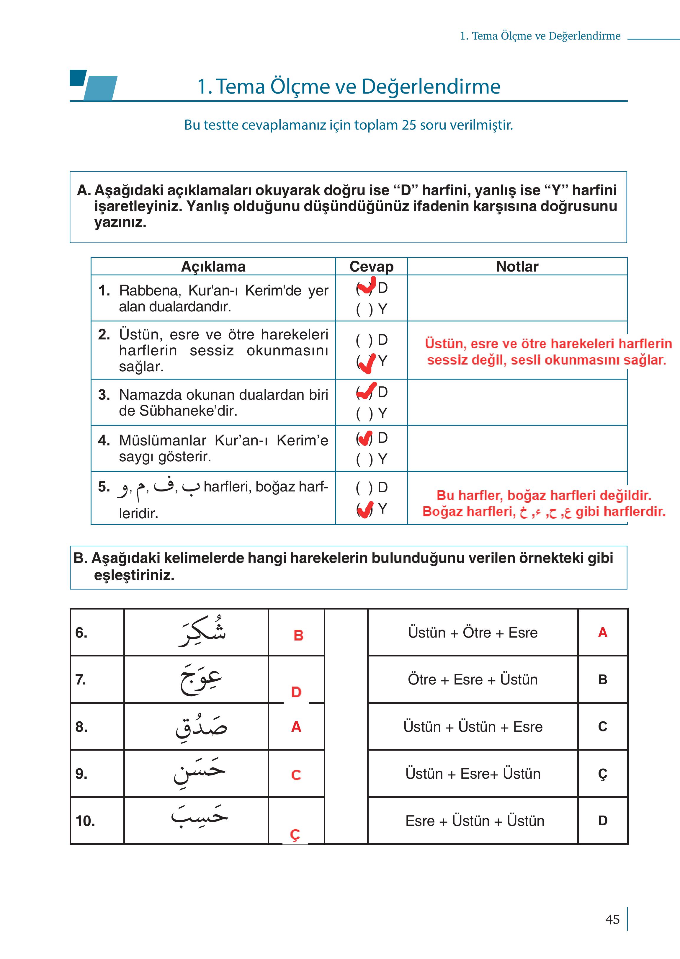 5. Sınıf Meb Yayınları Kuran-ı Kerim Ders Kitabı Sayfa 45 Cevapları