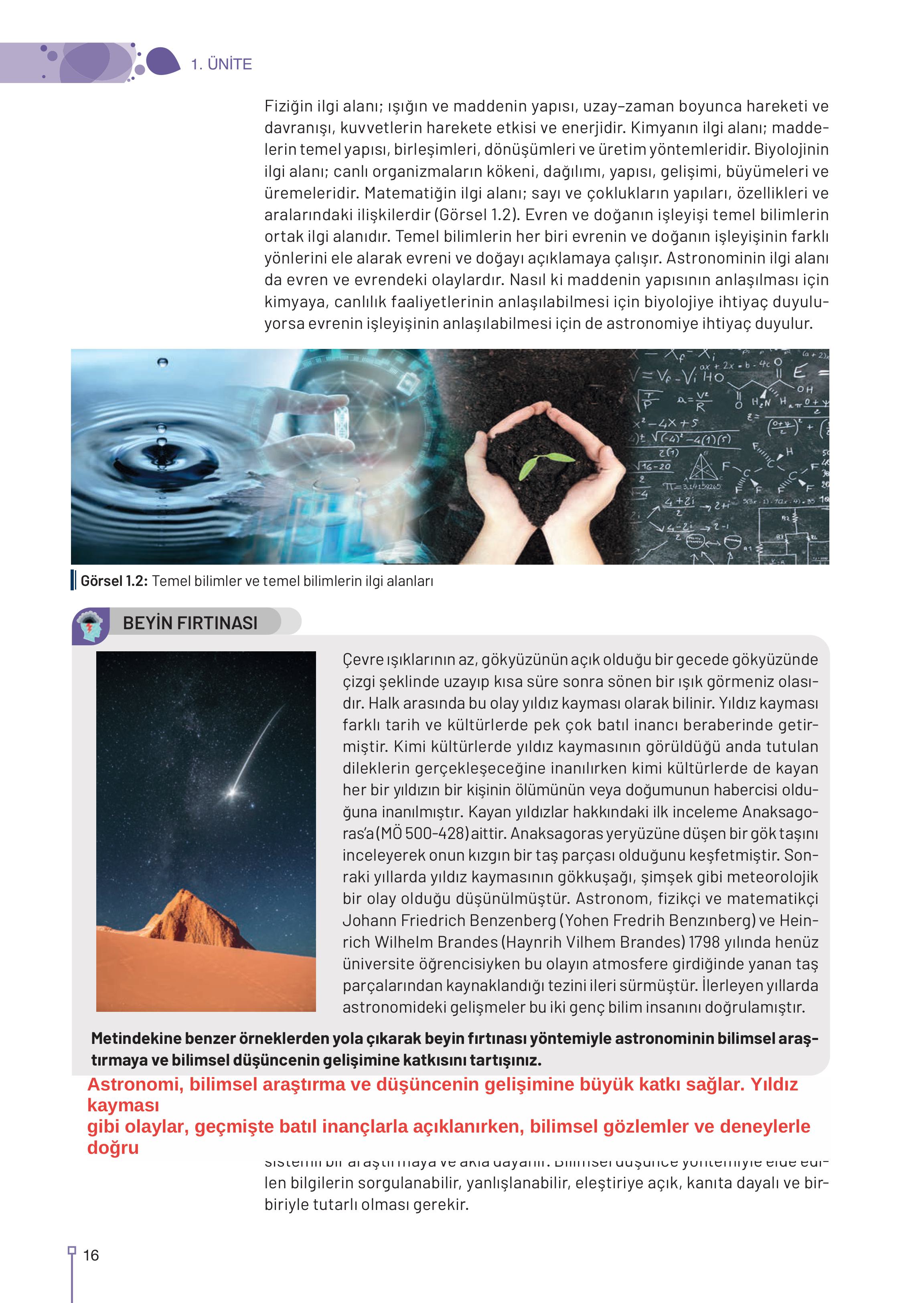 9-10-11-12. Sınıf Meb Yayınları Astronomi Ve Uzay Bilimleri Ders Kitabı Sayfa 16 Cevapları