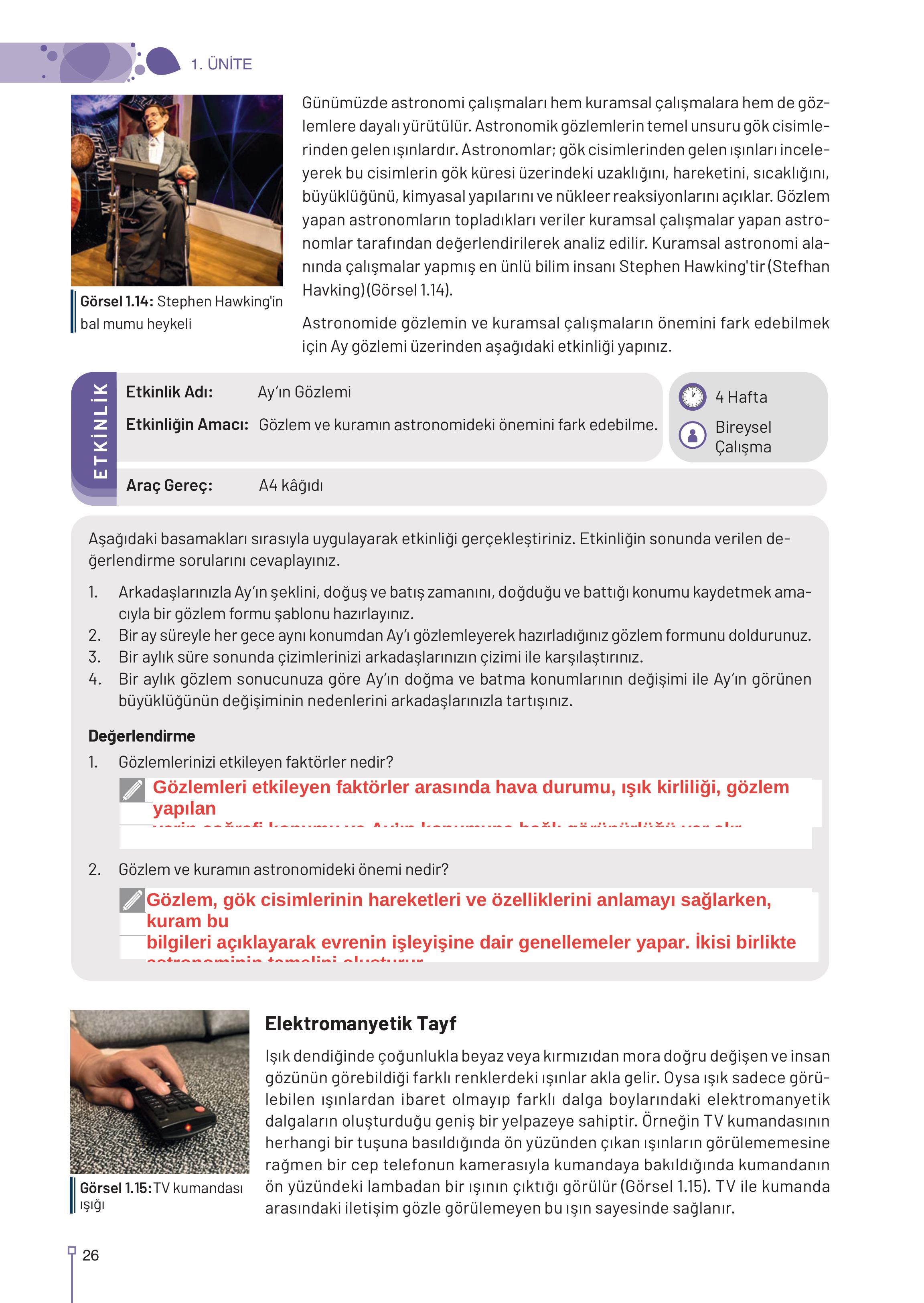 9-10-11-12. Sınıf Meb Yayınları Astronomi Ve Uzay Bilimleri Ders Kitabı Sayfa 26 Cevapları