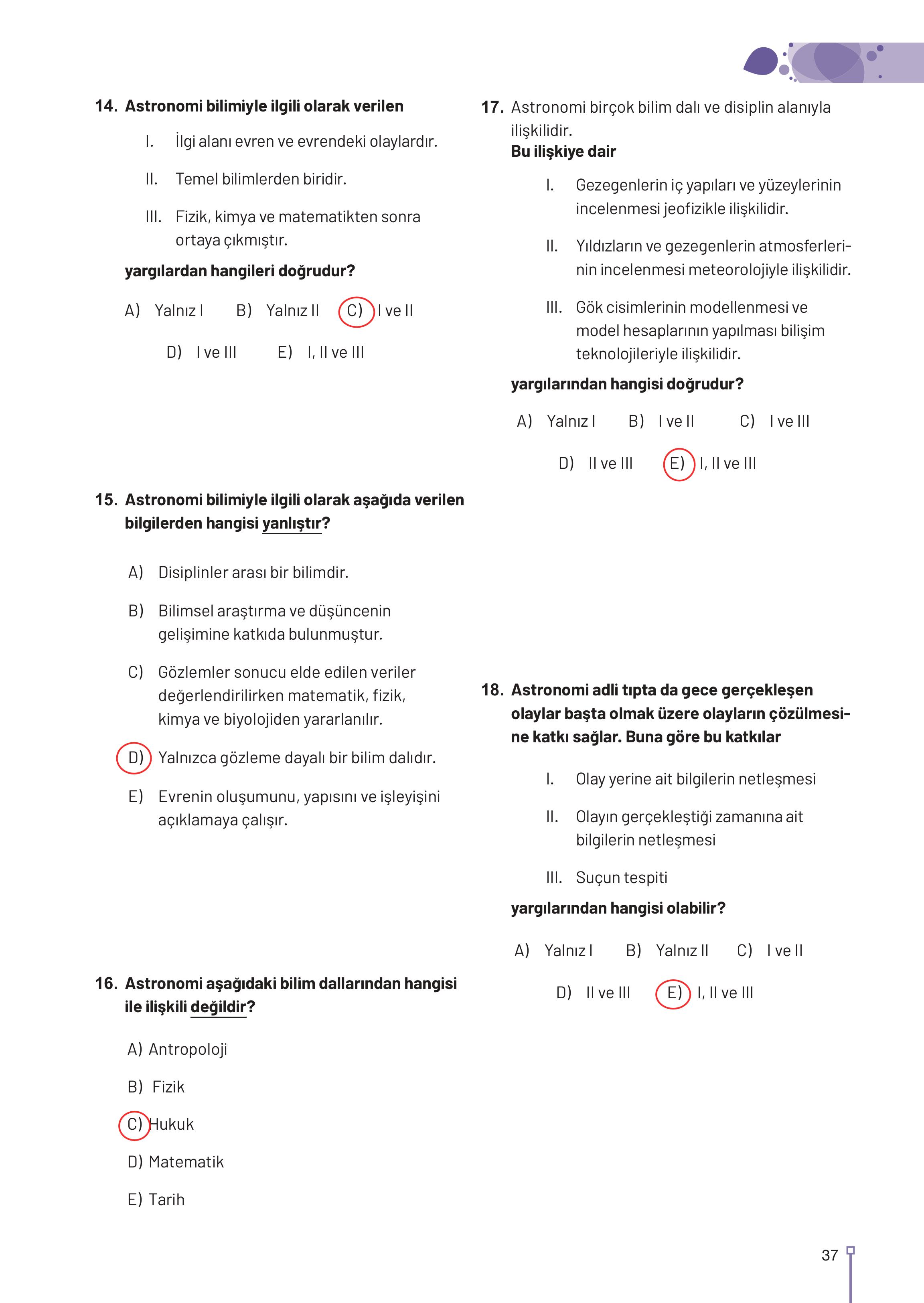 9-10-11-12. Sınıf Meb Yayınları Astronomi Ve Uzay Bilimleri Ders Kitabı Sayfa 37 Cevapları