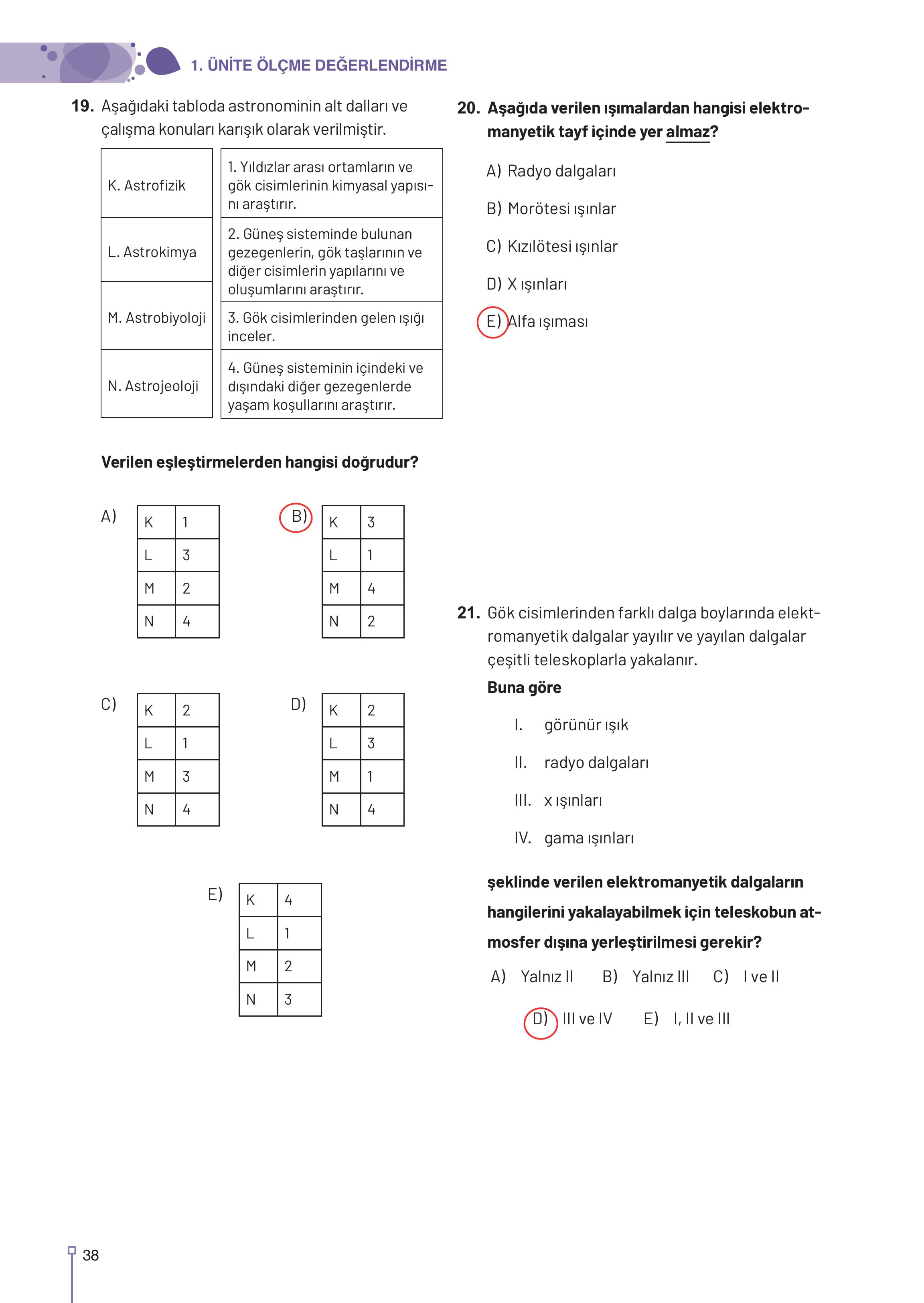 9-10-11-12. Sınıf Meb Yayınları Astronomi Ve Uzay Bilimleri Ders Kitabı Sayfa 38 Cevapları