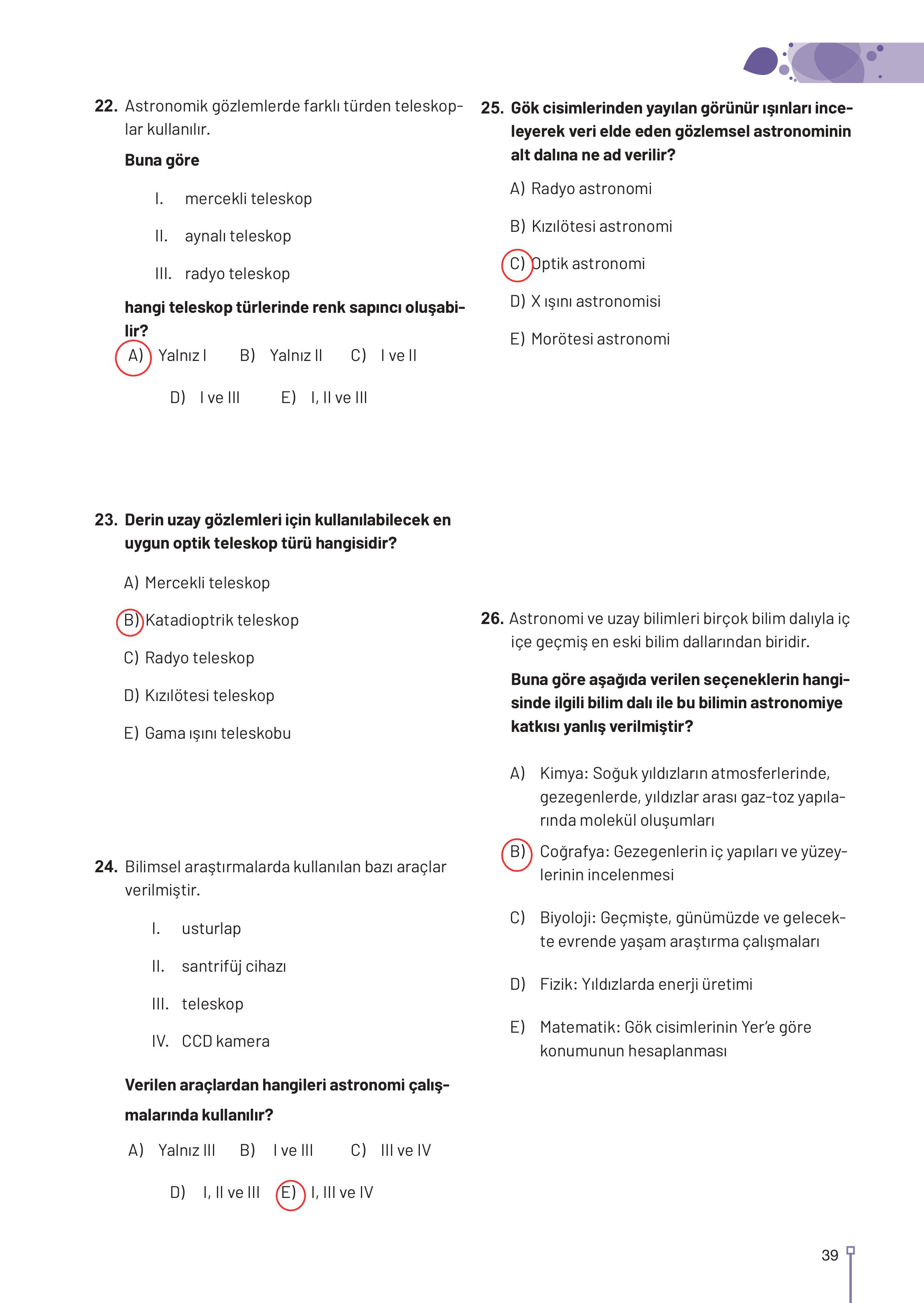 9-10-11-12. Sınıf Meb Yayınları Astronomi Ve Uzay Bilimleri Ders Kitabı Sayfa 39 Cevapları