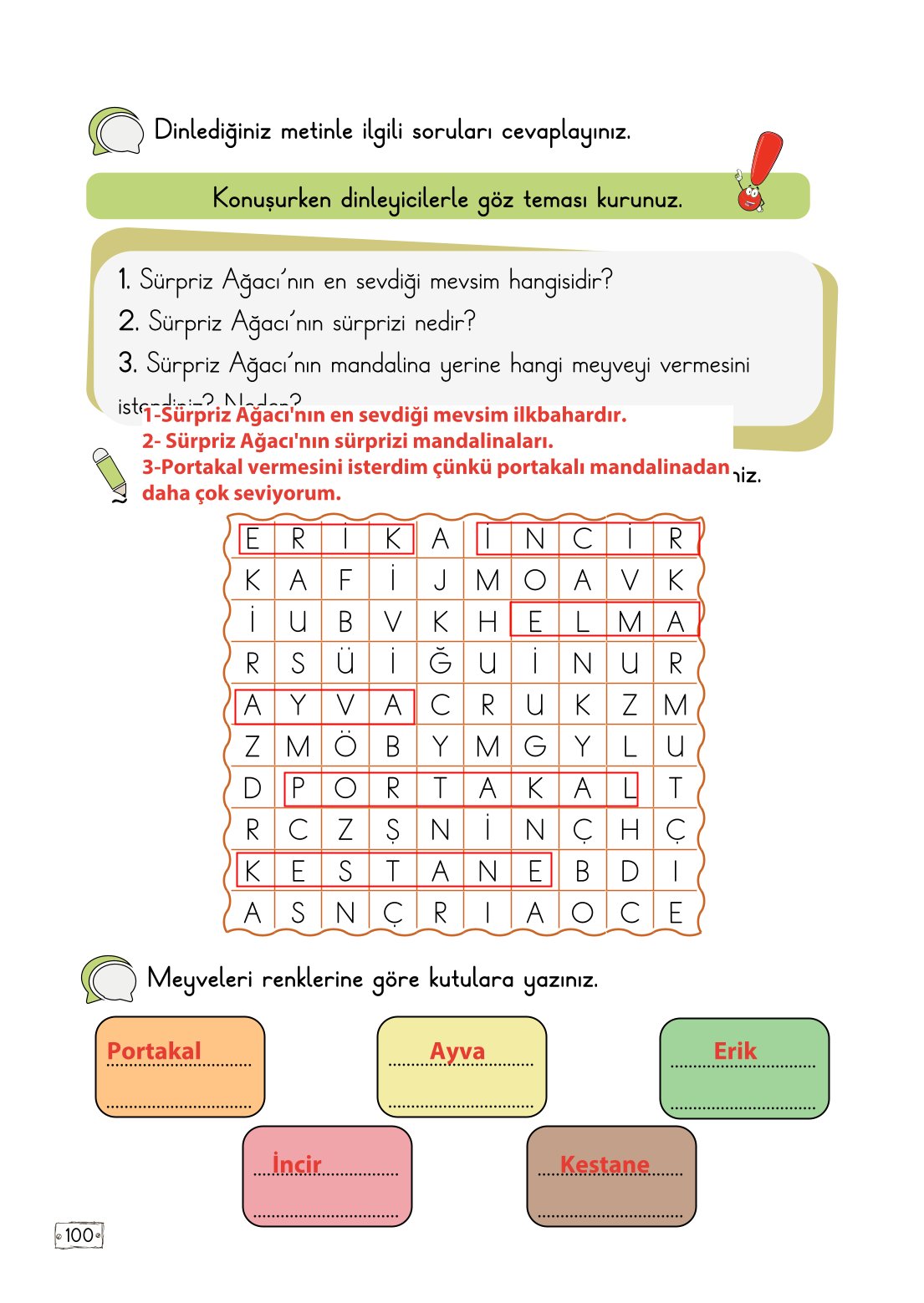 2. Sınıf Türkçe 1. Kitap Meb Yayınları Ders Kitabı Sayfa 100 Cevapları