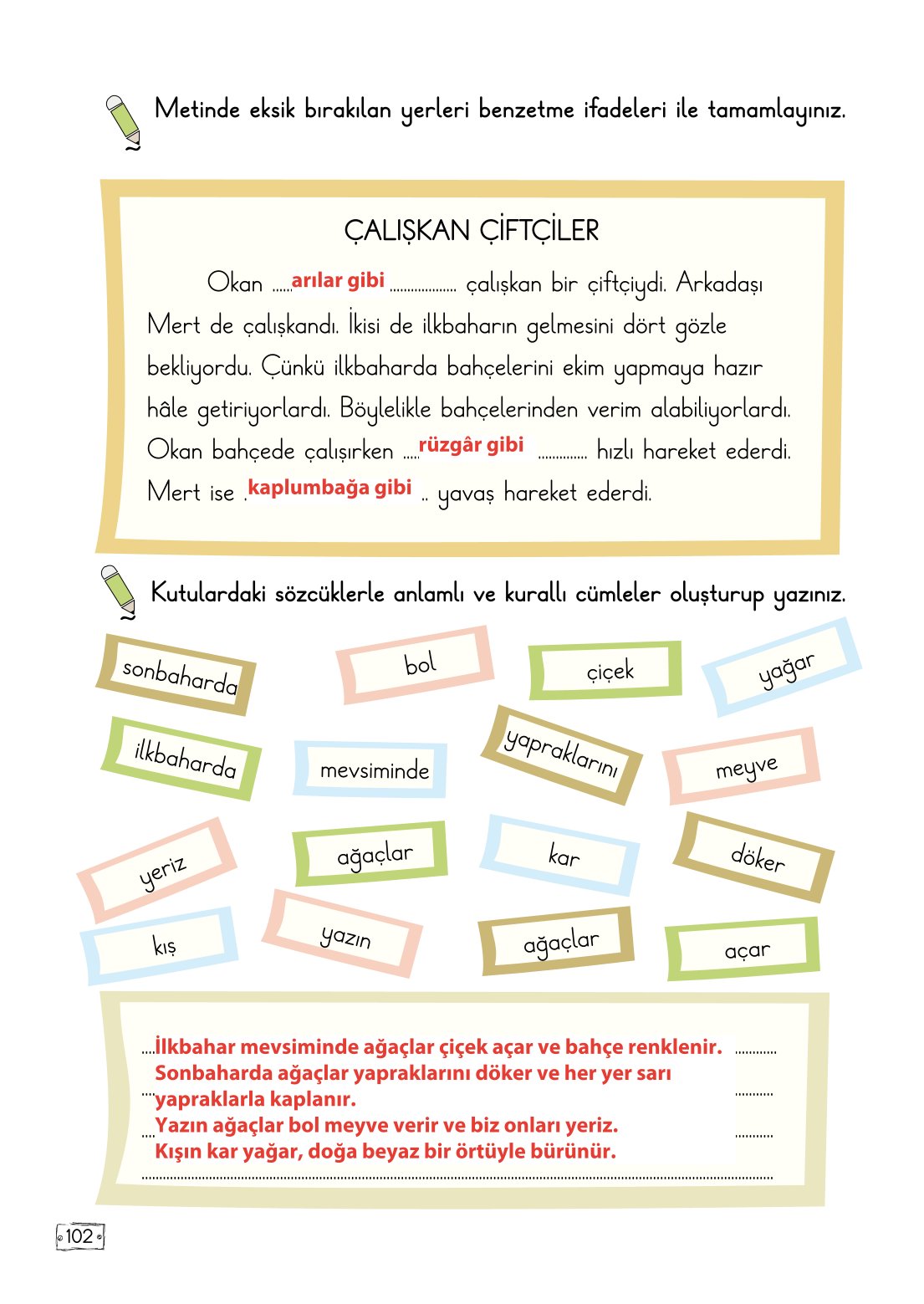 2. Sınıf Türkçe 1. Kitap Meb Yayınları Ders Kitabı Sayfa 102 Cevapları