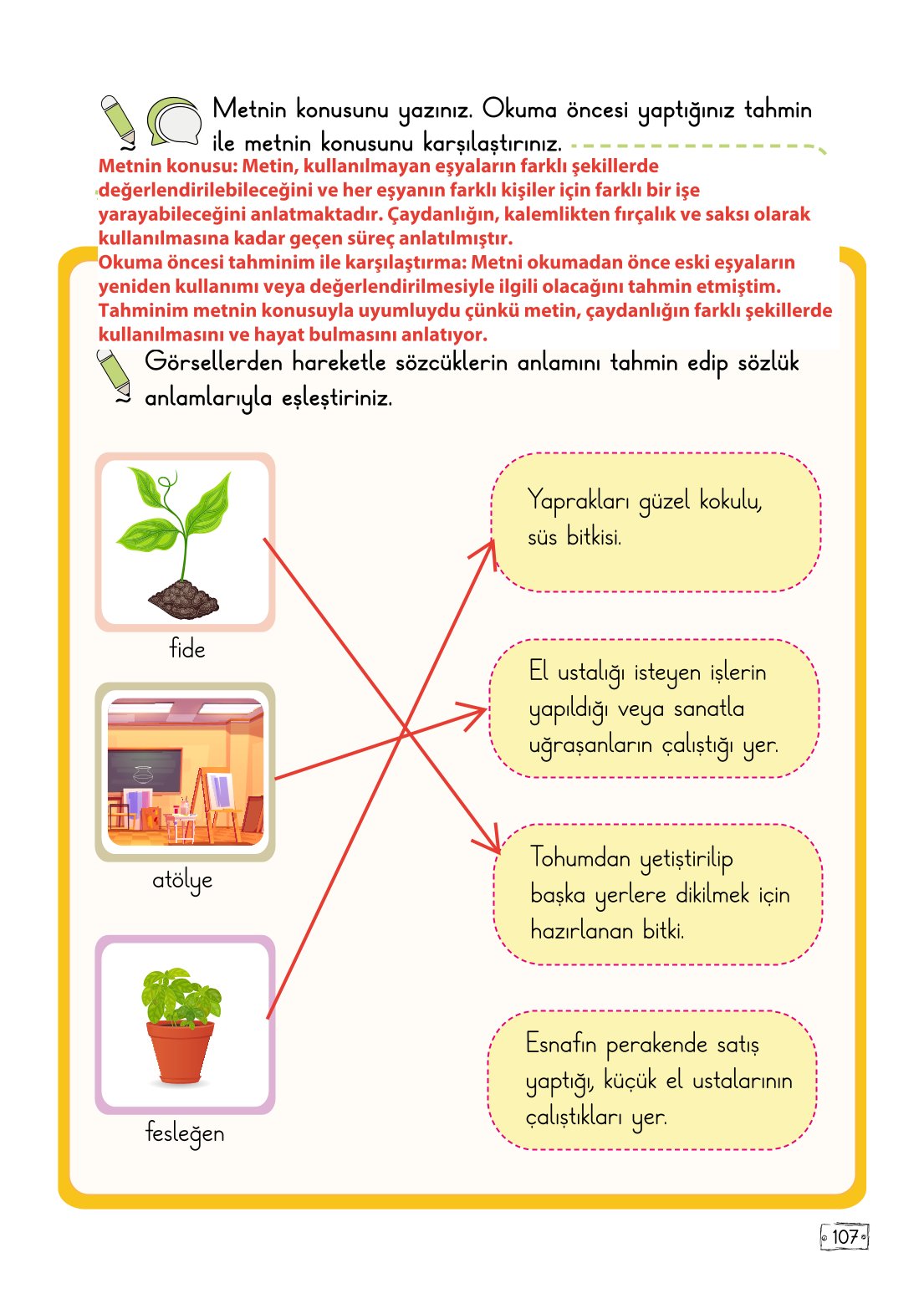 2. Sınıf Türkçe 1. Kitap Meb Yayınları Ders Kitabı Sayfa 107 Cevapları
