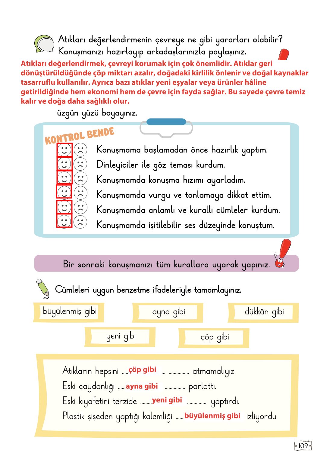 2. Sınıf Türkçe 1. Kitap Meb Yayınları Ders Kitabı Sayfa 109 Cevapları