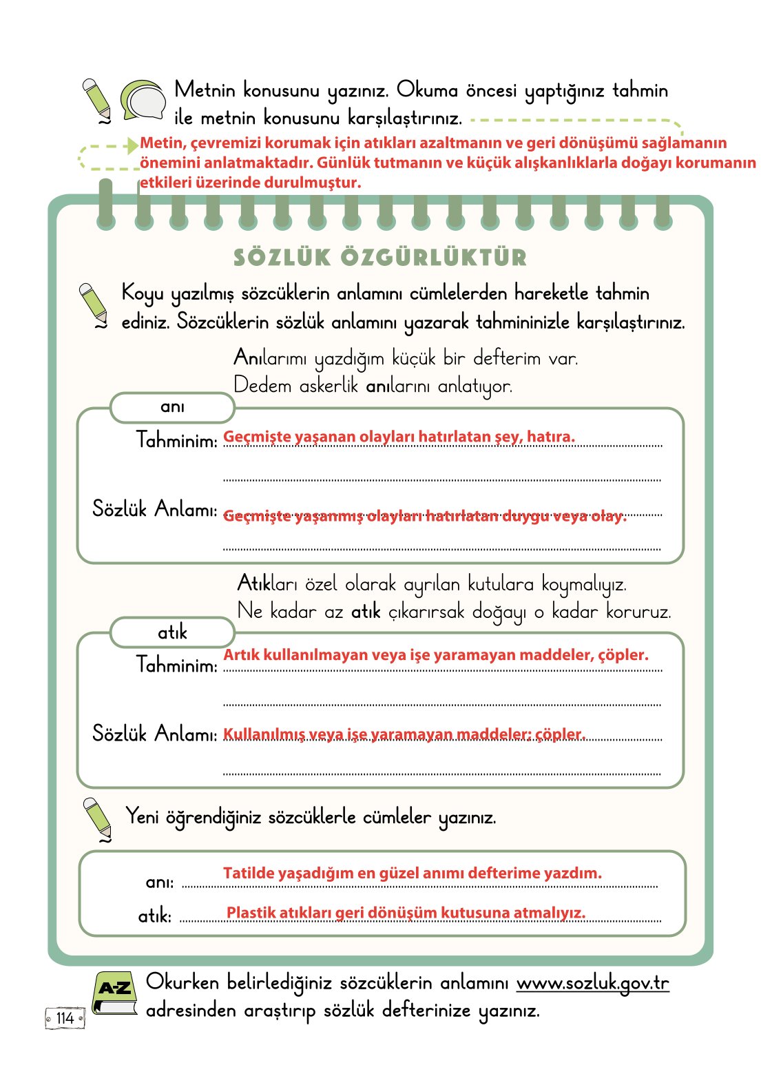 2. Sınıf Türkçe 1. Kitap Meb Yayınları Ders Kitabı Sayfa 114 Cevapları