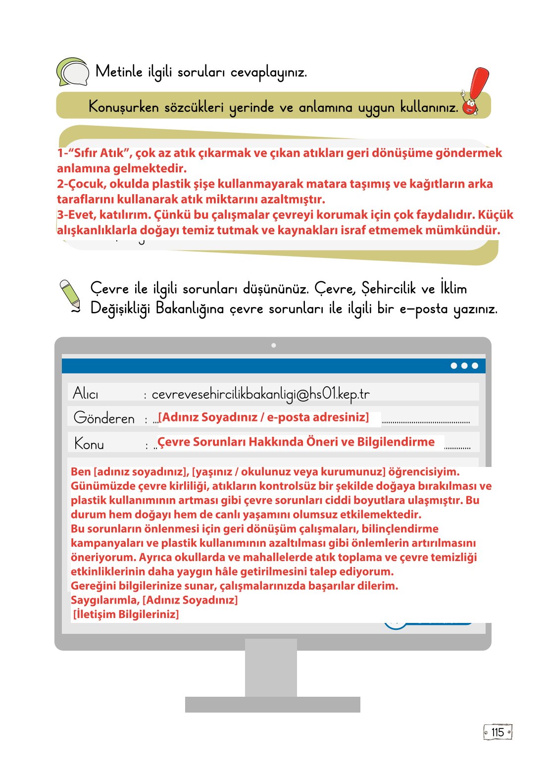 2. Sınıf Türkçe 1. Kitap Meb Yayınları Ders Kitabı Sayfa 115 Cevapları