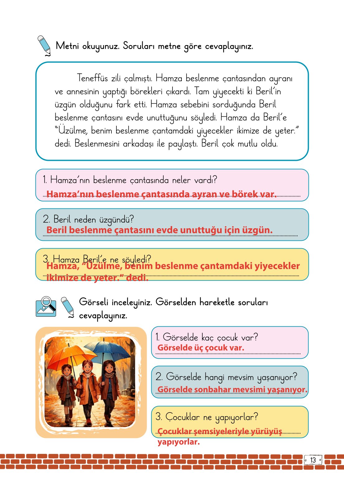 2. Sınıf Türkçe 1. Kitap Meb Yayınları Ders Kitabı Sayfa 13 Cevapları