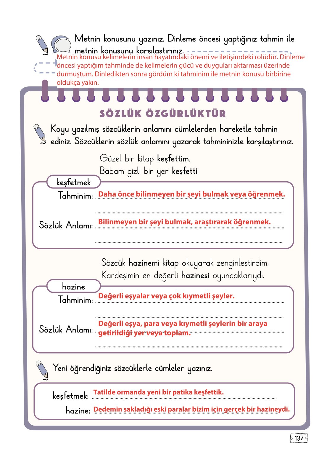2. Sınıf Türkçe 1. Kitap Meb Yayınları Ders Kitabı Sayfa 137 Cevapları