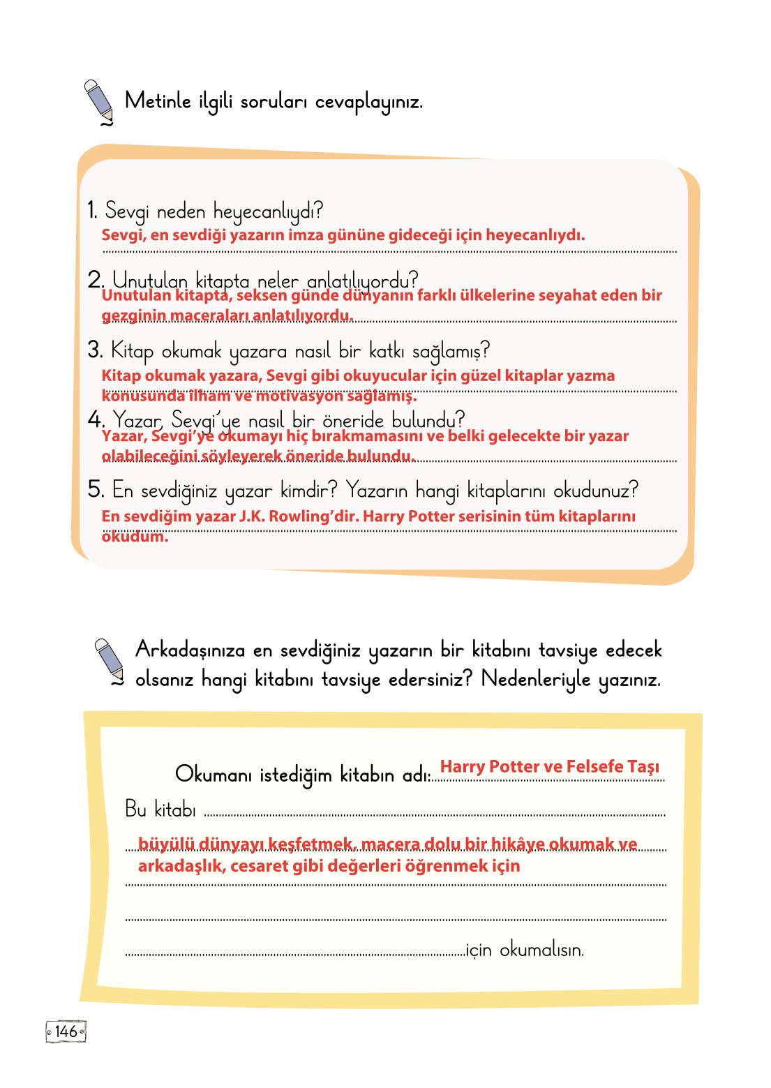 2. Sınıf Türkçe 1. Kitap Meb Yayınları Ders Kitabı Sayfa 146 Cevapları