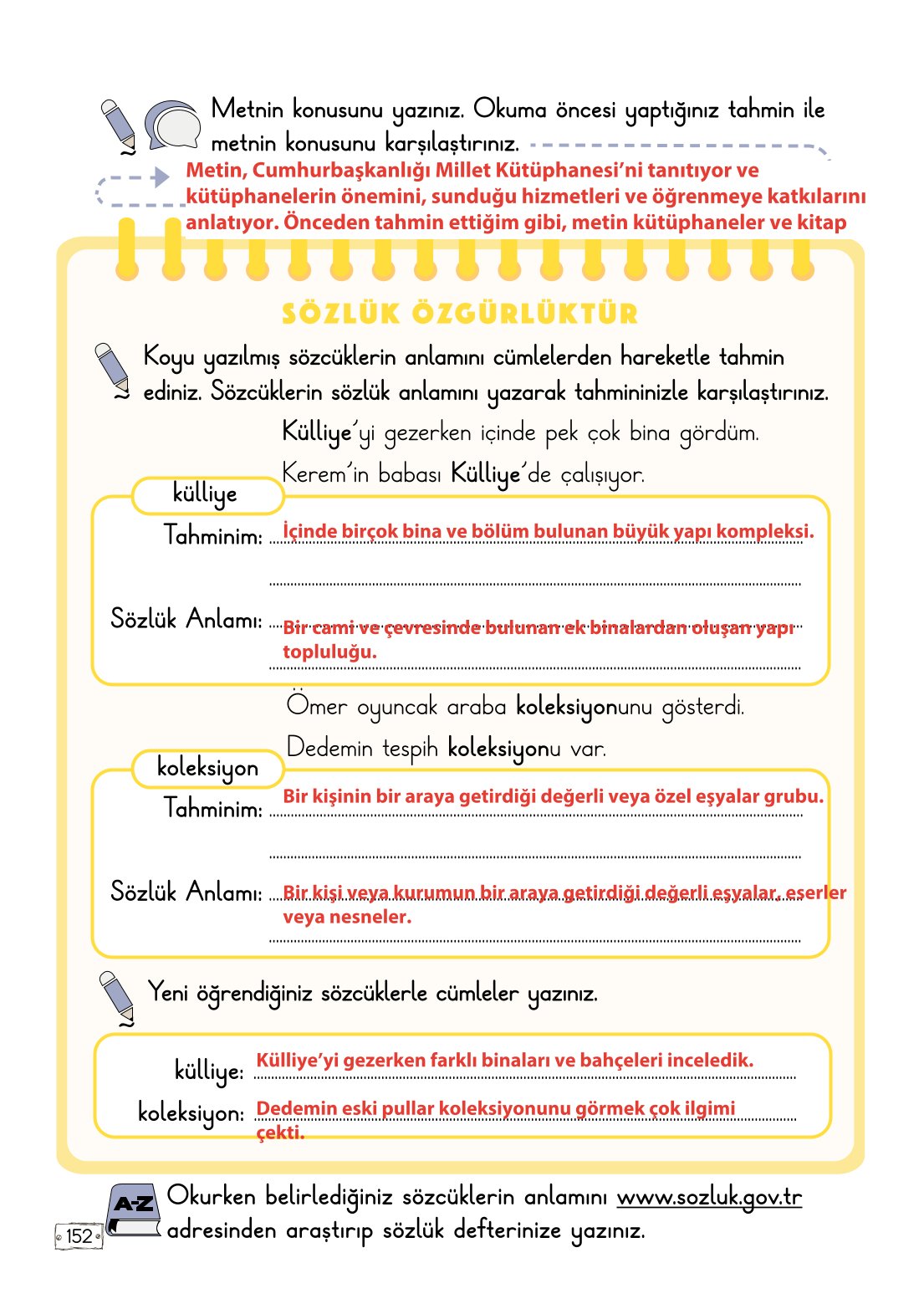 2. Sınıf Türkçe 1. Kitap Meb Yayınları Ders Kitabı Sayfa 152 Cevapları