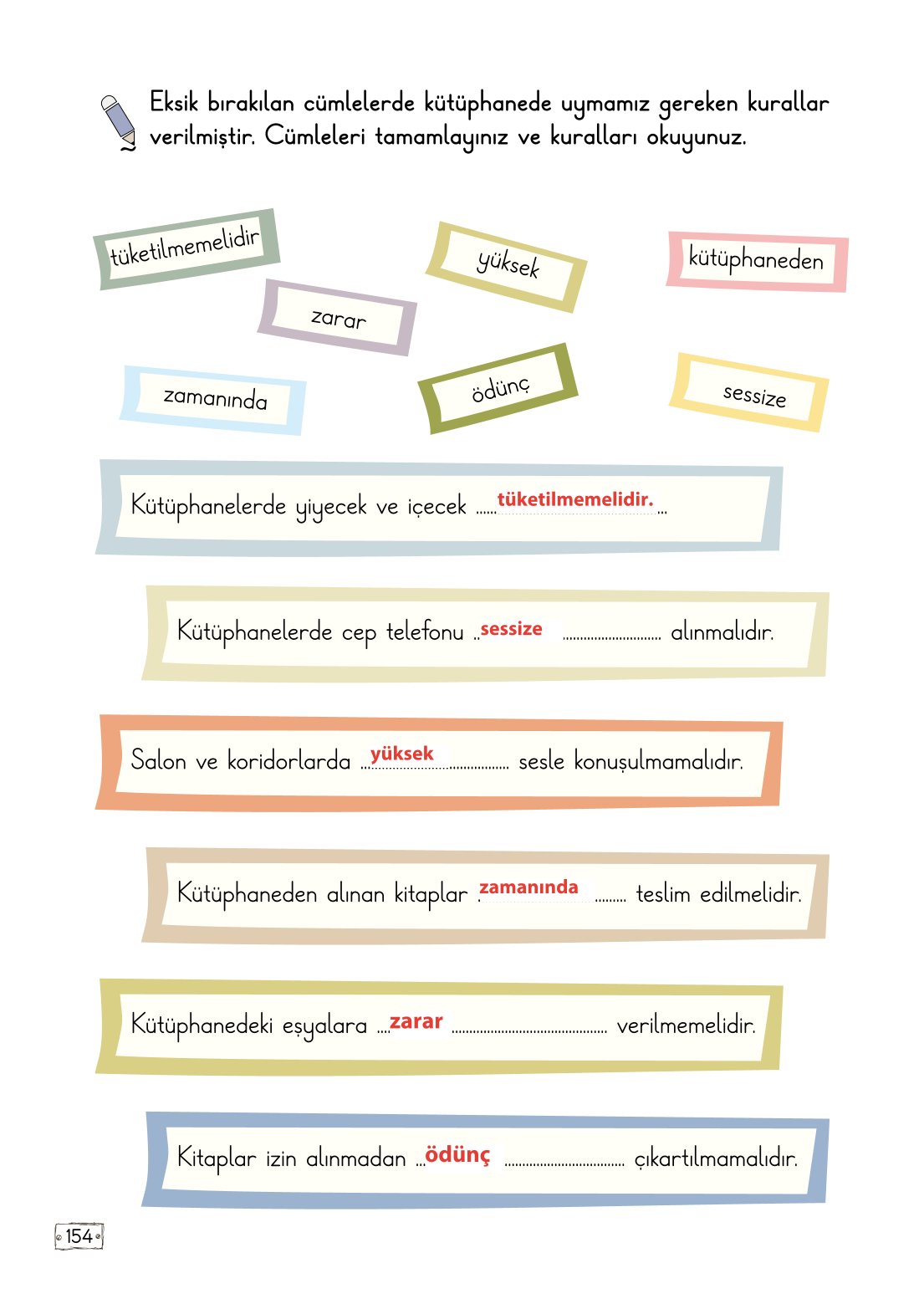 2. Sınıf Türkçe 1. Kitap Meb Yayınları Ders Kitabı Sayfa 154 Cevapları