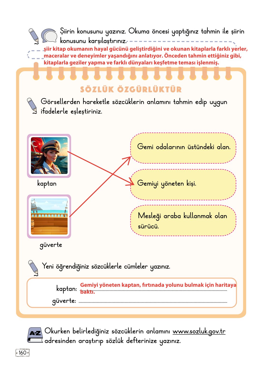 2. Sınıf Türkçe 1. Kitap Meb Yayınları Ders Kitabı Sayfa 160 Cevapları