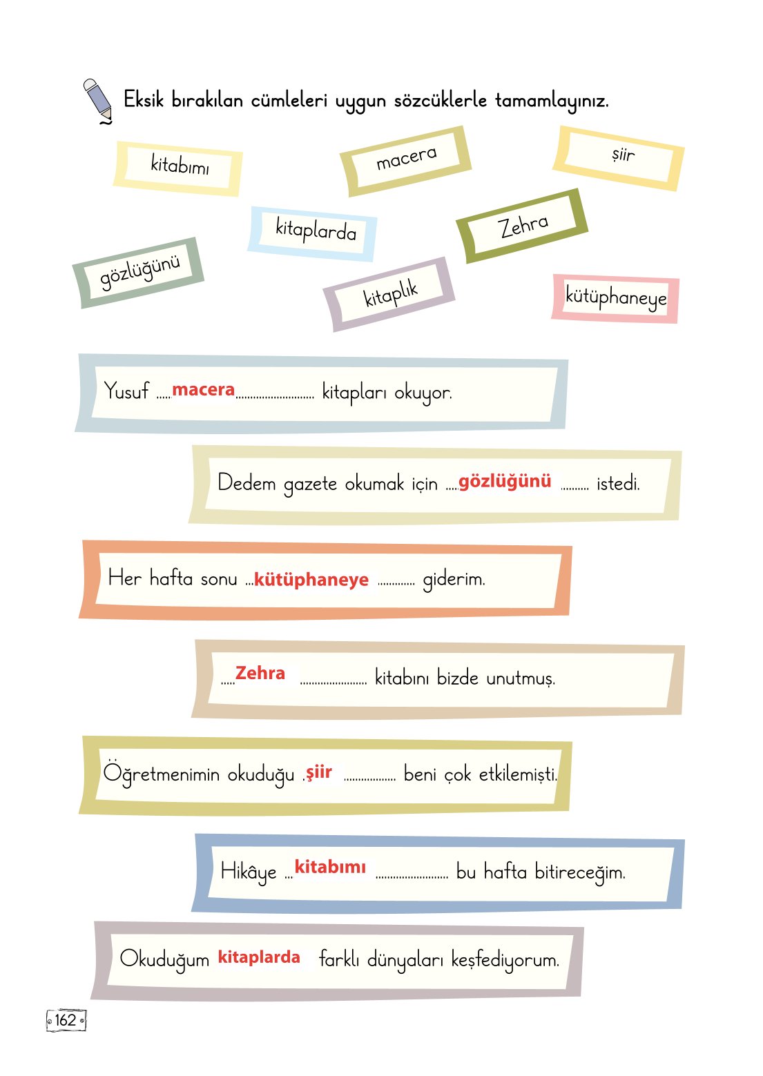 2. Sınıf Türkçe 1. Kitap Meb Yayınları Ders Kitabı Sayfa 162 Cevapları