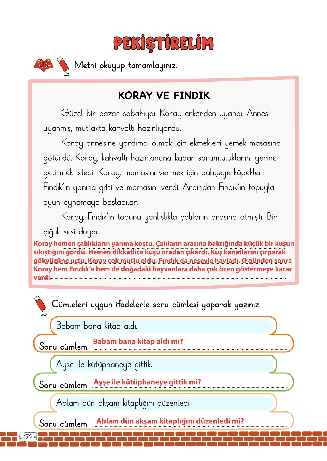 2. Sınıf Türkçe 1. Kitap Meb Yayınları Ders Kitabı Sayfa 172 Cevapları