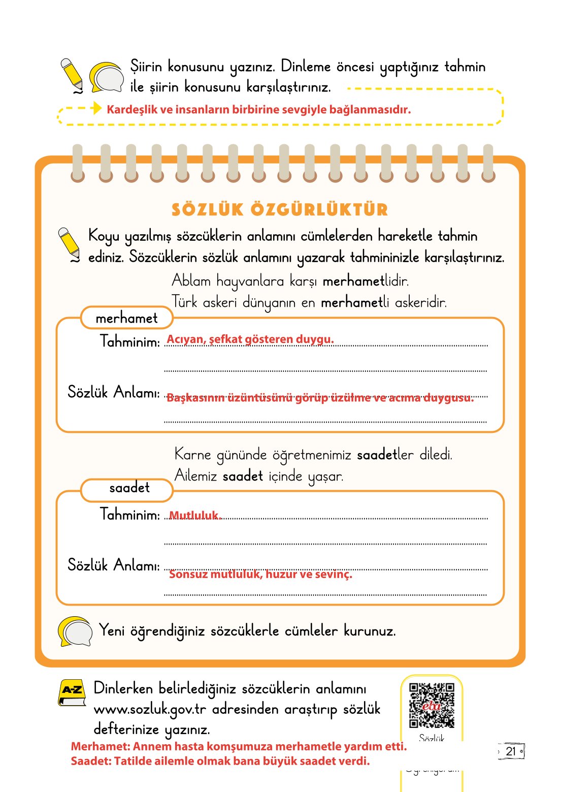 2. Sınıf Türkçe 1. Kitap Meb Yayınları Ders Kitabı Sayfa 21 Cevapları