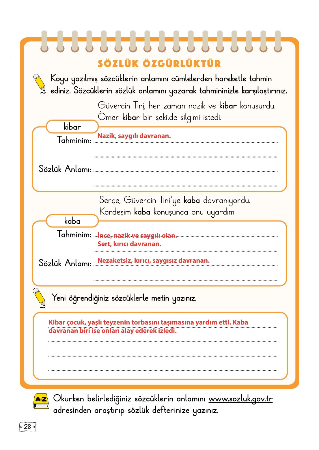 2. Sınıf Türkçe 1. Kitap Meb Yayınları Ders Kitabı Sayfa 28 Cevapları
