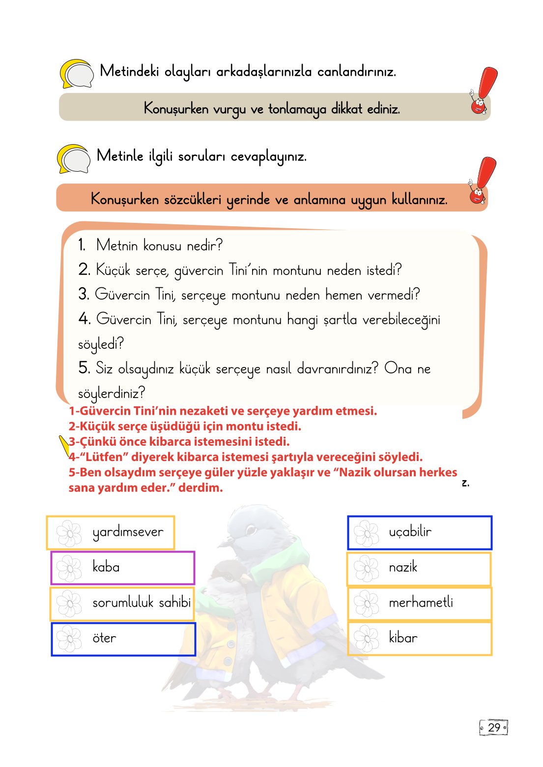 2. Sınıf Türkçe 1. Kitap Meb Yayınları Ders Kitabı Sayfa 29 Cevapları