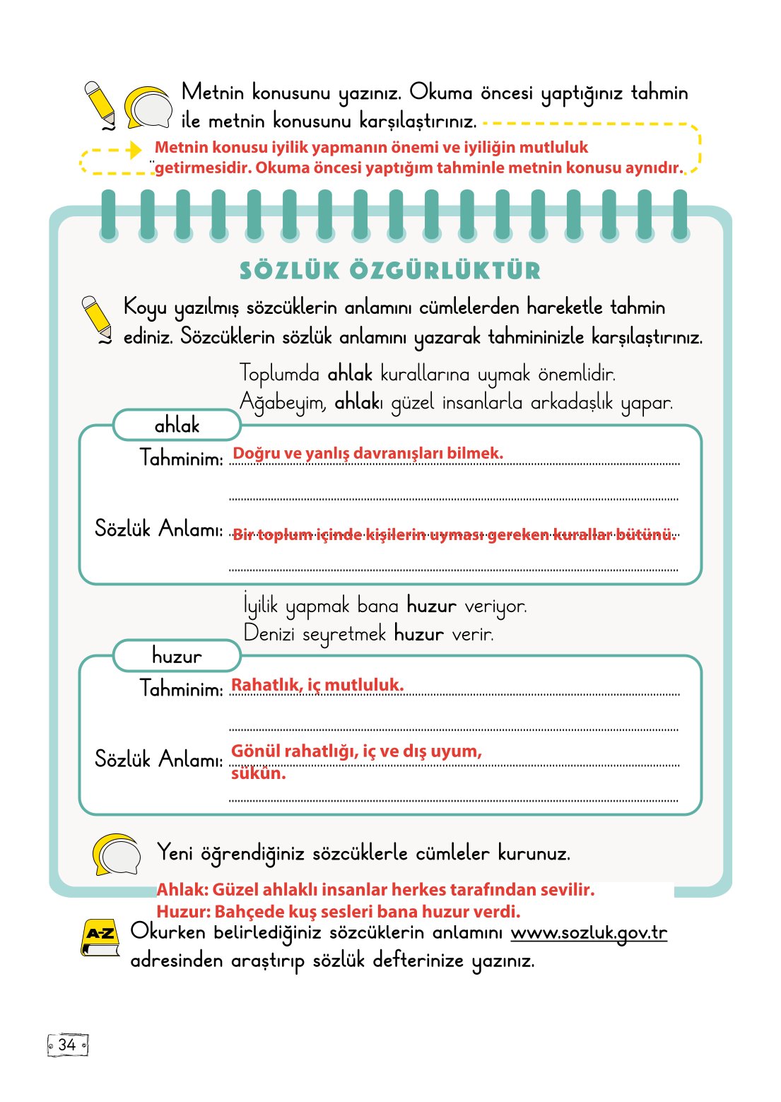 2. Sınıf Türkçe 1. Kitap Meb Yayınları Ders Kitabı Sayfa 34 Cevapları