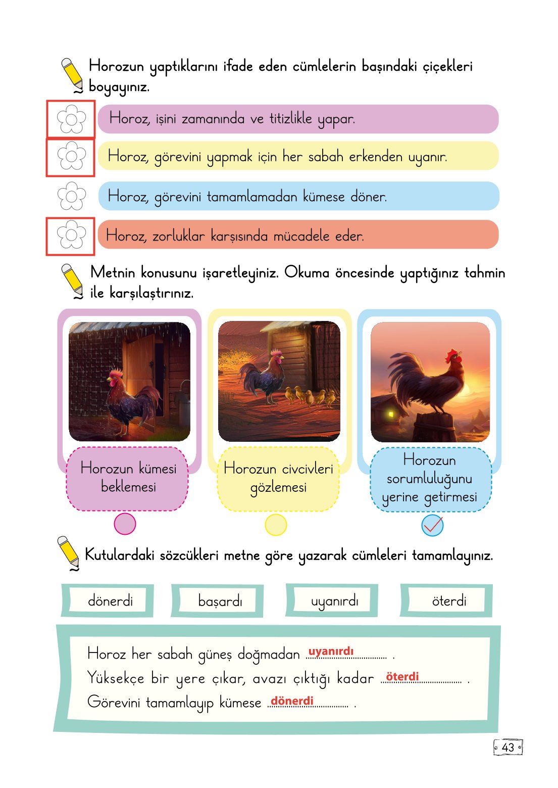 2. Sınıf Türkçe 1. Kitap Meb Yayınları Ders Kitabı Sayfa 43 Cevapları
