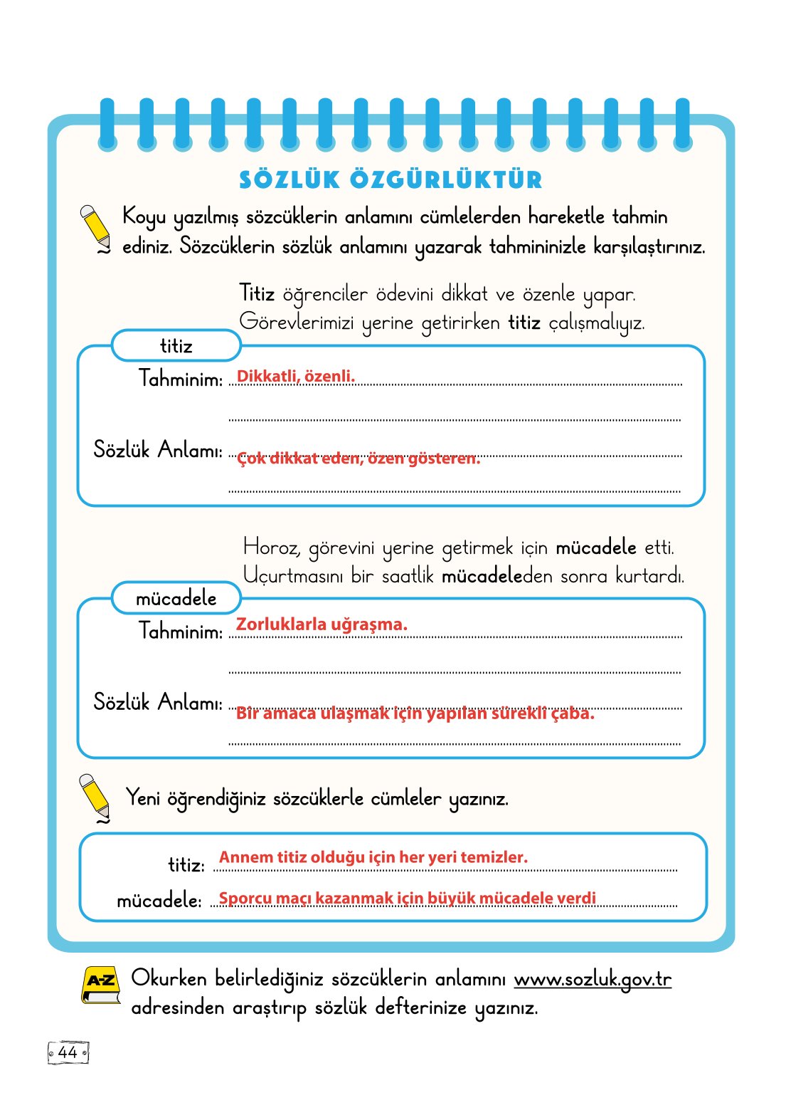 2. Sınıf Türkçe 1. Kitap Meb Yayınları Ders Kitabı Sayfa 44 Cevapları