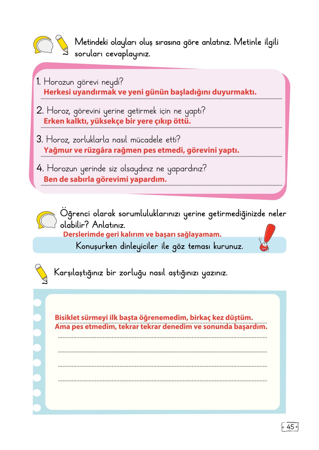 2. Sınıf Türkçe 1. Kitap Meb Yayınları Ders Kitabı Sayfa 45 Cevapları
