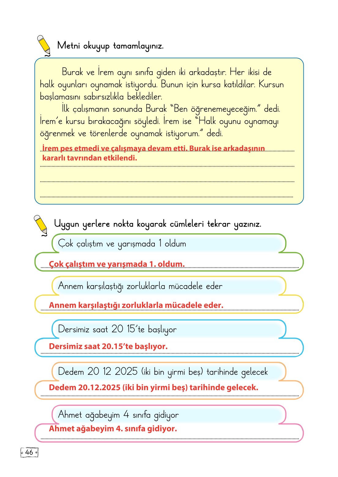 2. Sınıf Türkçe 1. Kitap Meb Yayınları Ders Kitabı Sayfa 46 Cevapları