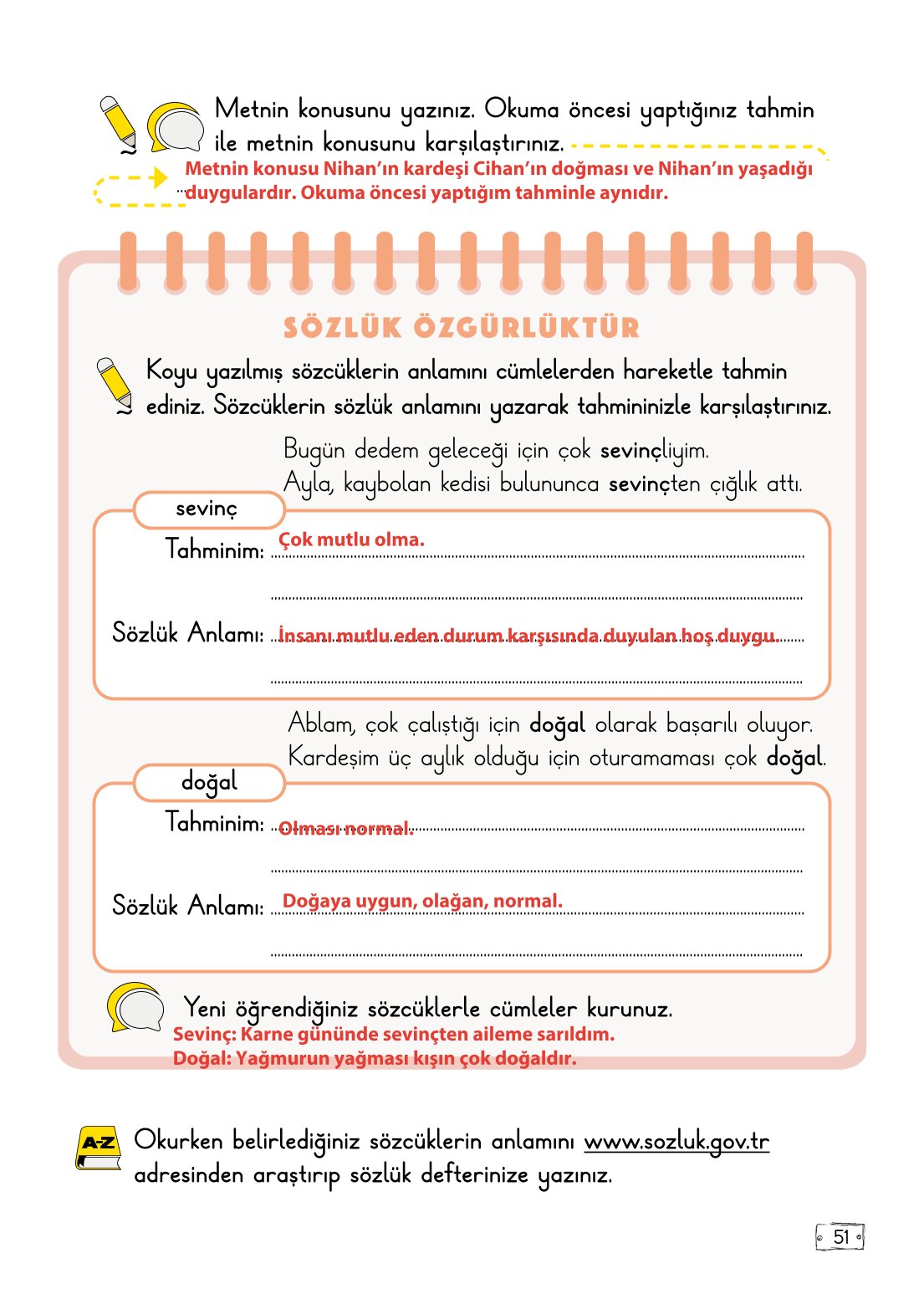 2. Sınıf Türkçe 1. Kitap Meb Yayınları Ders Kitabı Sayfa 51 Cevapları