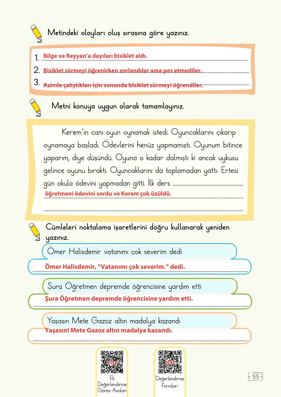 2. Sınıf Türkçe 1. Kitap Meb Yayınları Ders Kitabı Sayfa 55 Cevapları