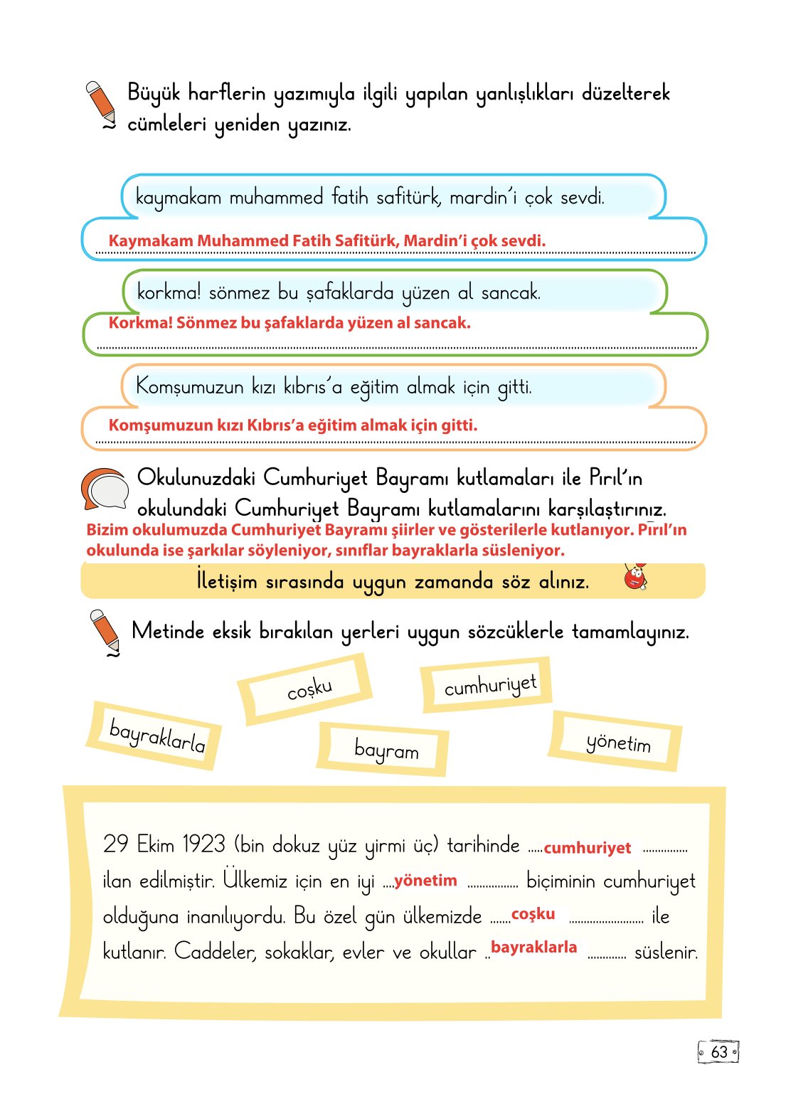 2. Sınıf Türkçe 1. Kitap Meb Yayınları Ders Kitabı Sayfa 63 Cevapları