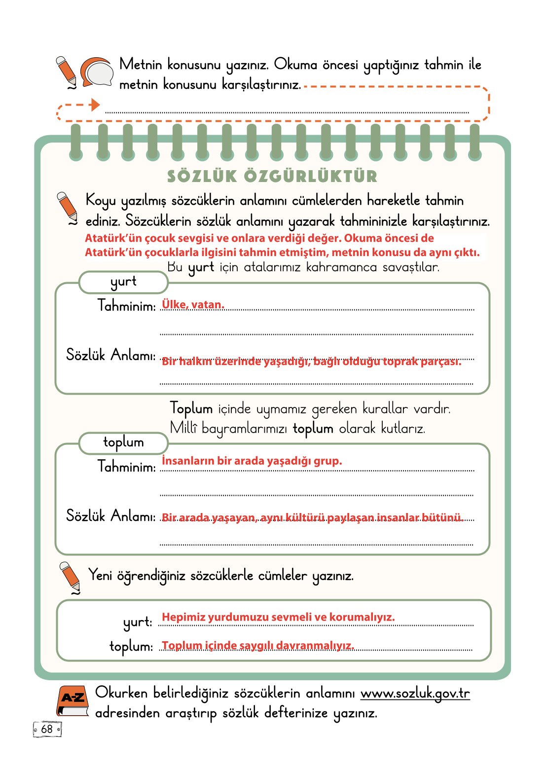 2. Sınıf Türkçe 1. Kitap Meb Yayınları Ders Kitabı Sayfa 68 Cevapları