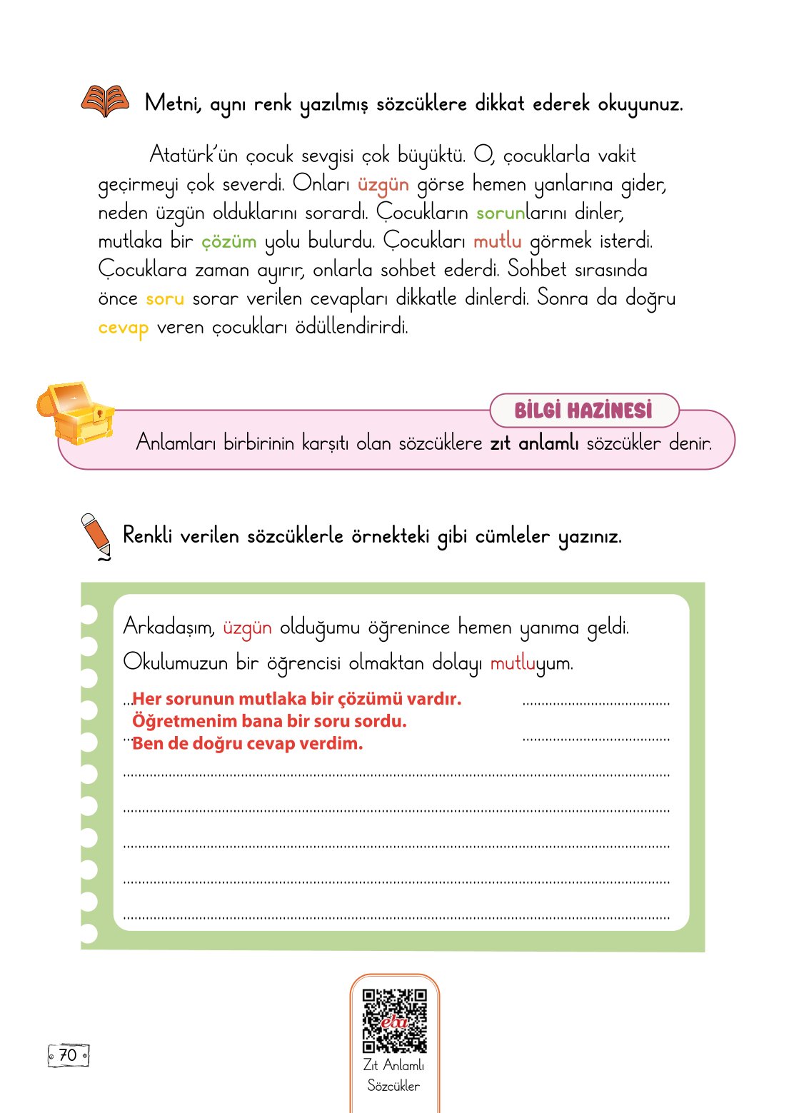 2. Sınıf Türkçe 1. Kitap Meb Yayınları Ders Kitabı Sayfa 70 Cevapları