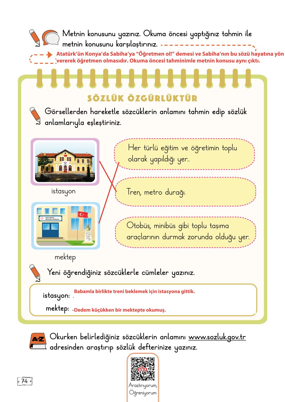 2. Sınıf Türkçe 1. Kitap Meb Yayınları Ders Kitabı Sayfa 74 Cevapları