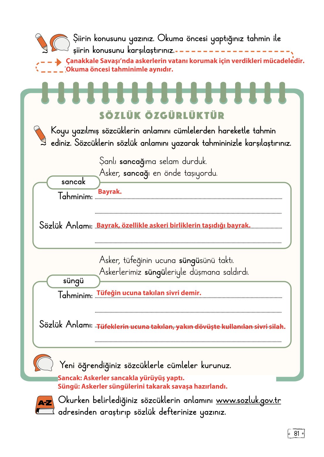 2. Sınıf Türkçe 1. Kitap Meb Yayınları Ders Kitabı Sayfa 81 Cevapları