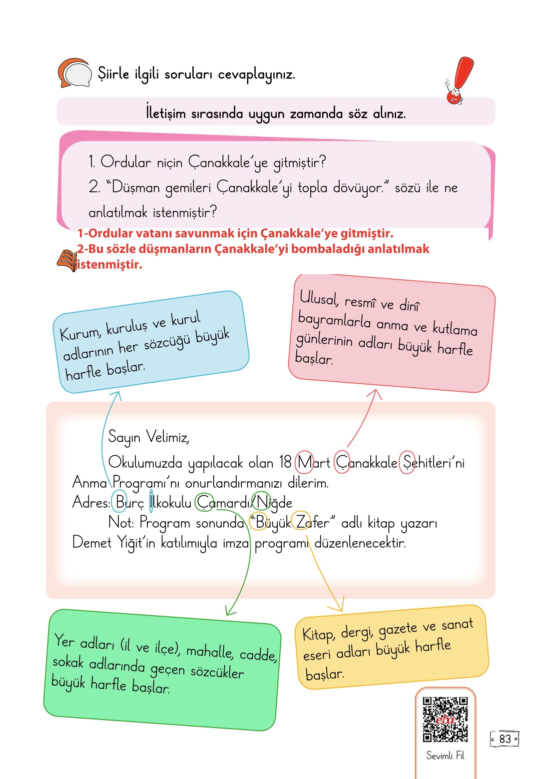 2. Sınıf Türkçe 1. Kitap Meb Yayınları Ders Kitabı Sayfa 83 Cevapları