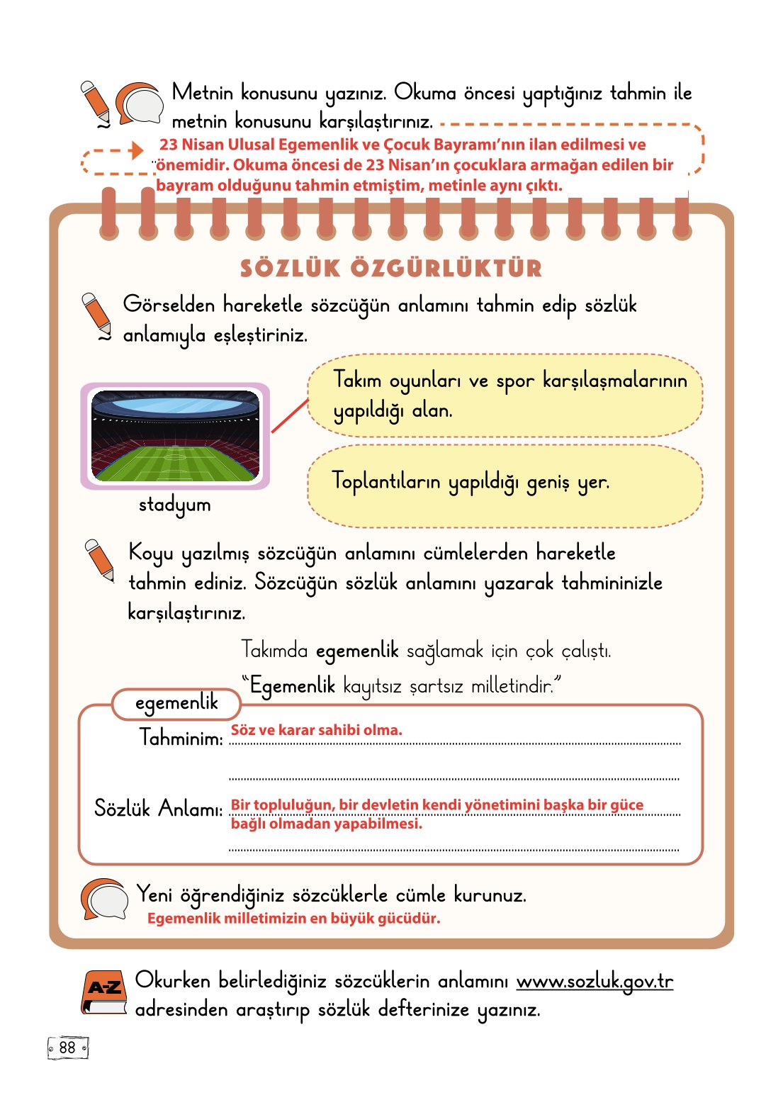 2. Sınıf Türkçe 1. Kitap Meb Yayınları Ders Kitabı Sayfa 88 Cevapları