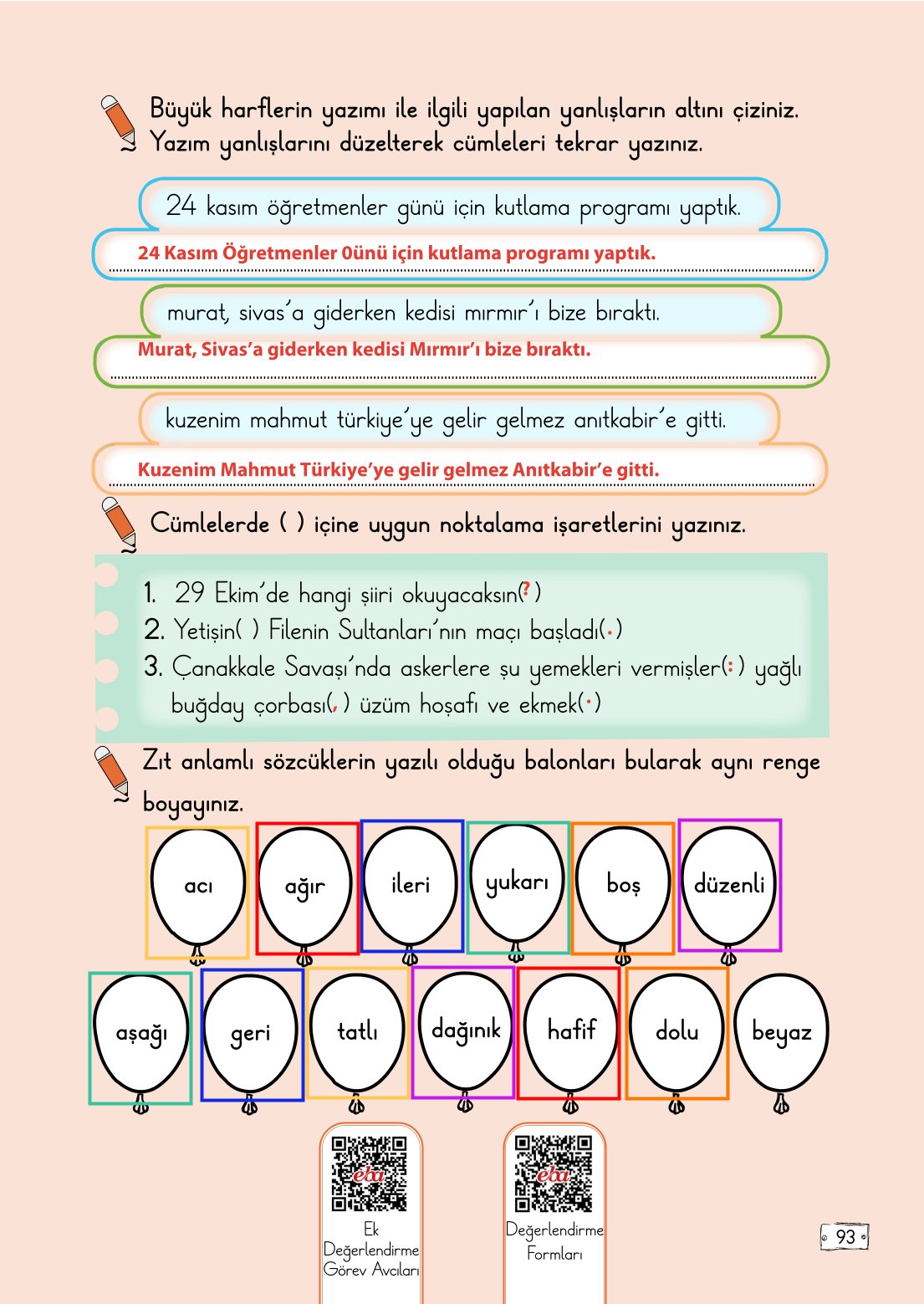 2. Sınıf Türkçe 1. Kitap Meb Yayınları Ders Kitabı Sayfa 93 Cevapları