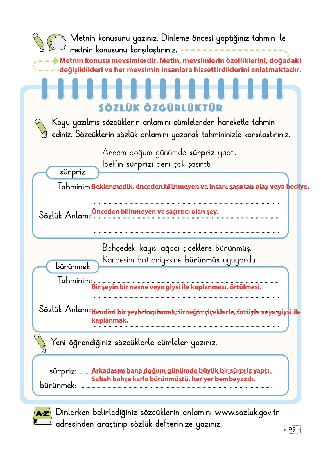 2. Sınıf Türkçe 1. Kitap Meb Yayınları Ders Kitabı Sayfa 99 Cevapları