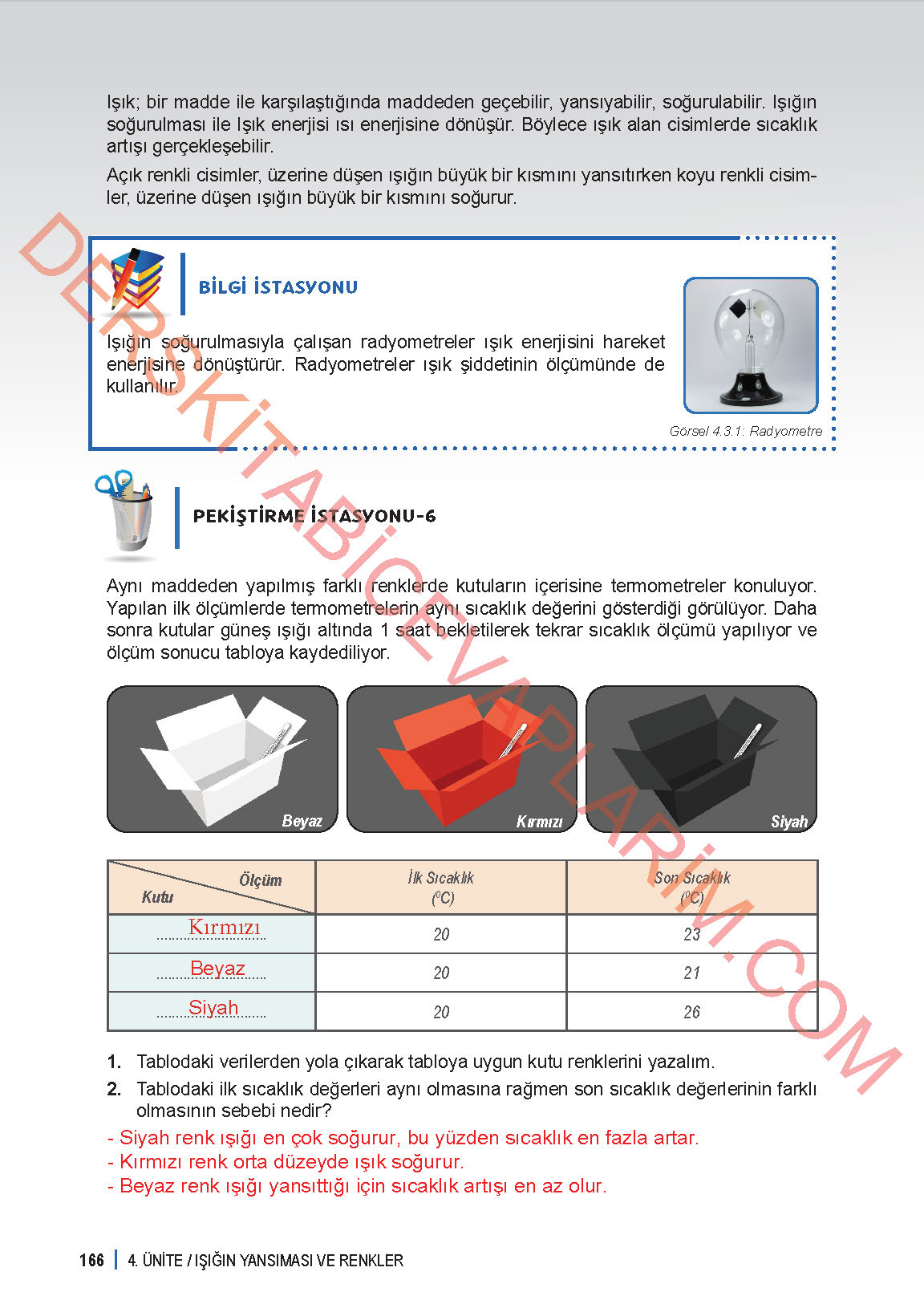 6. Sınıf Fen Bilgisi 1. Kitap Meb Yayınları Ders Kitabı Sayfa 166 Cevapları