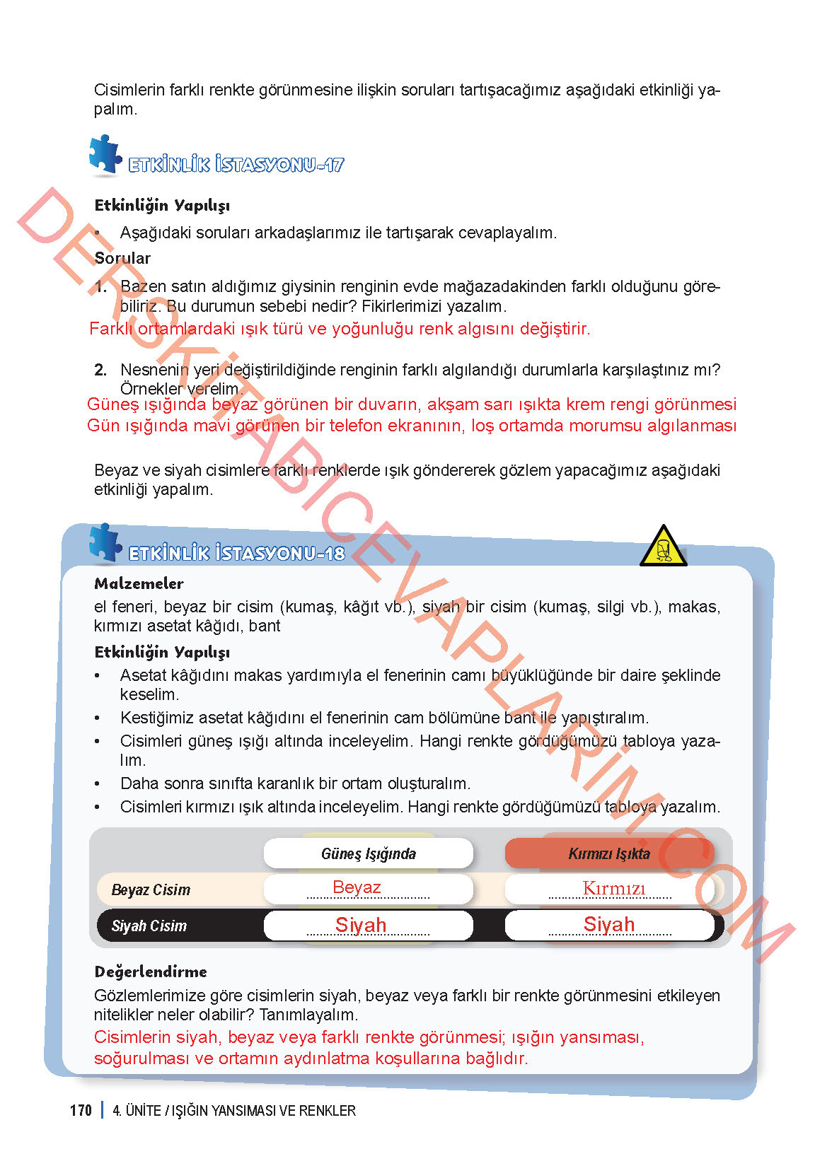 6. Sınıf Fen Bilgisi 1. Kitap Meb Yayınları Ders Kitabı Sayfa 170 Cevapları