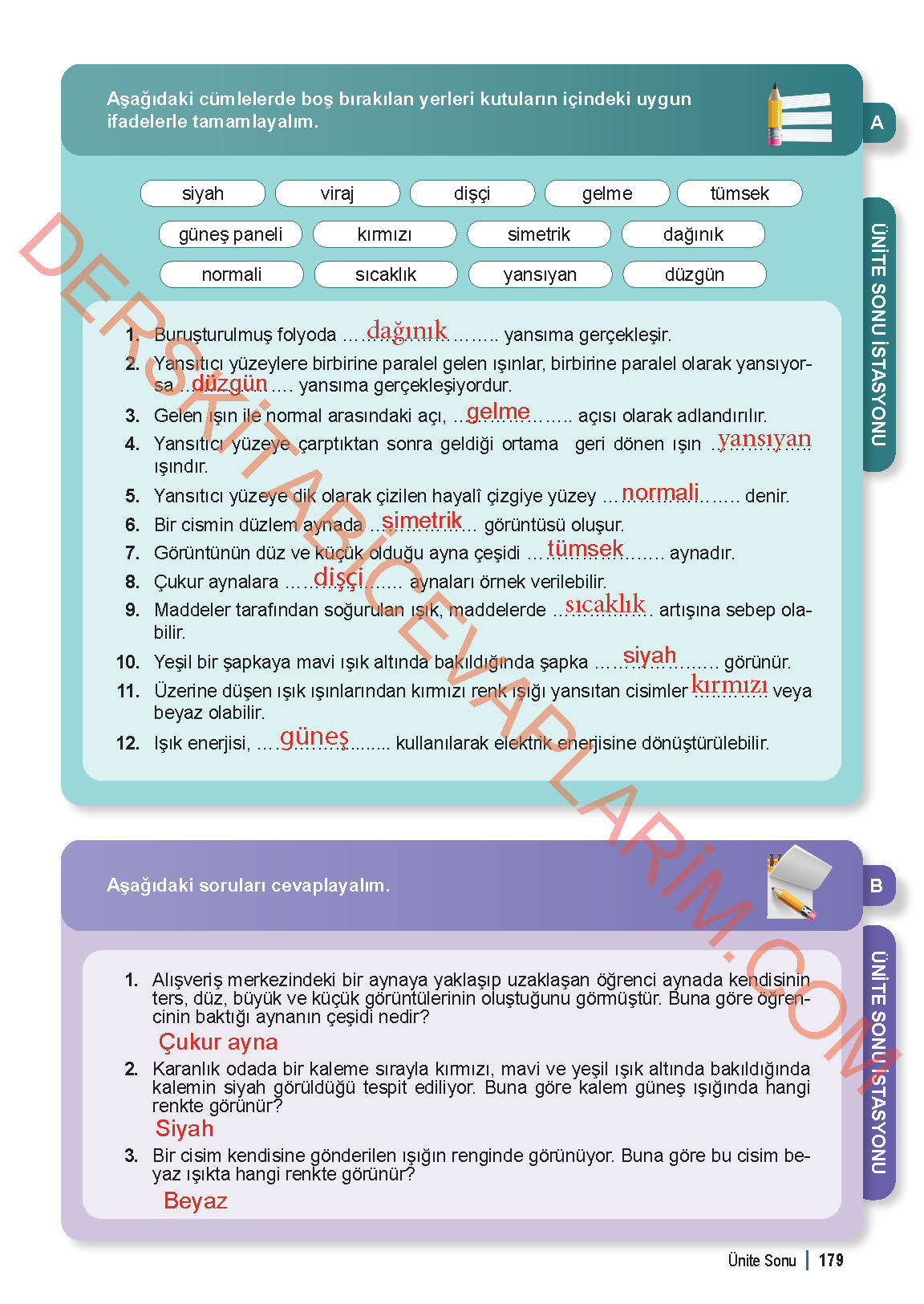6. Sınıf Fen Bilgisi 1. Kitap Meb Yayınları Ders Kitabı Sayfa 179 Cevapları