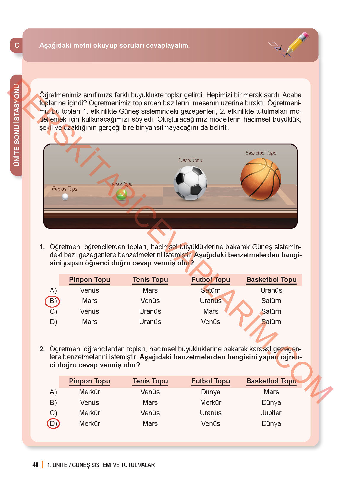 6. Sınıf Fen Bilgisi 1. Kitap Meb Yayınları Ders Kitabı Sayfa 40 Cevapları