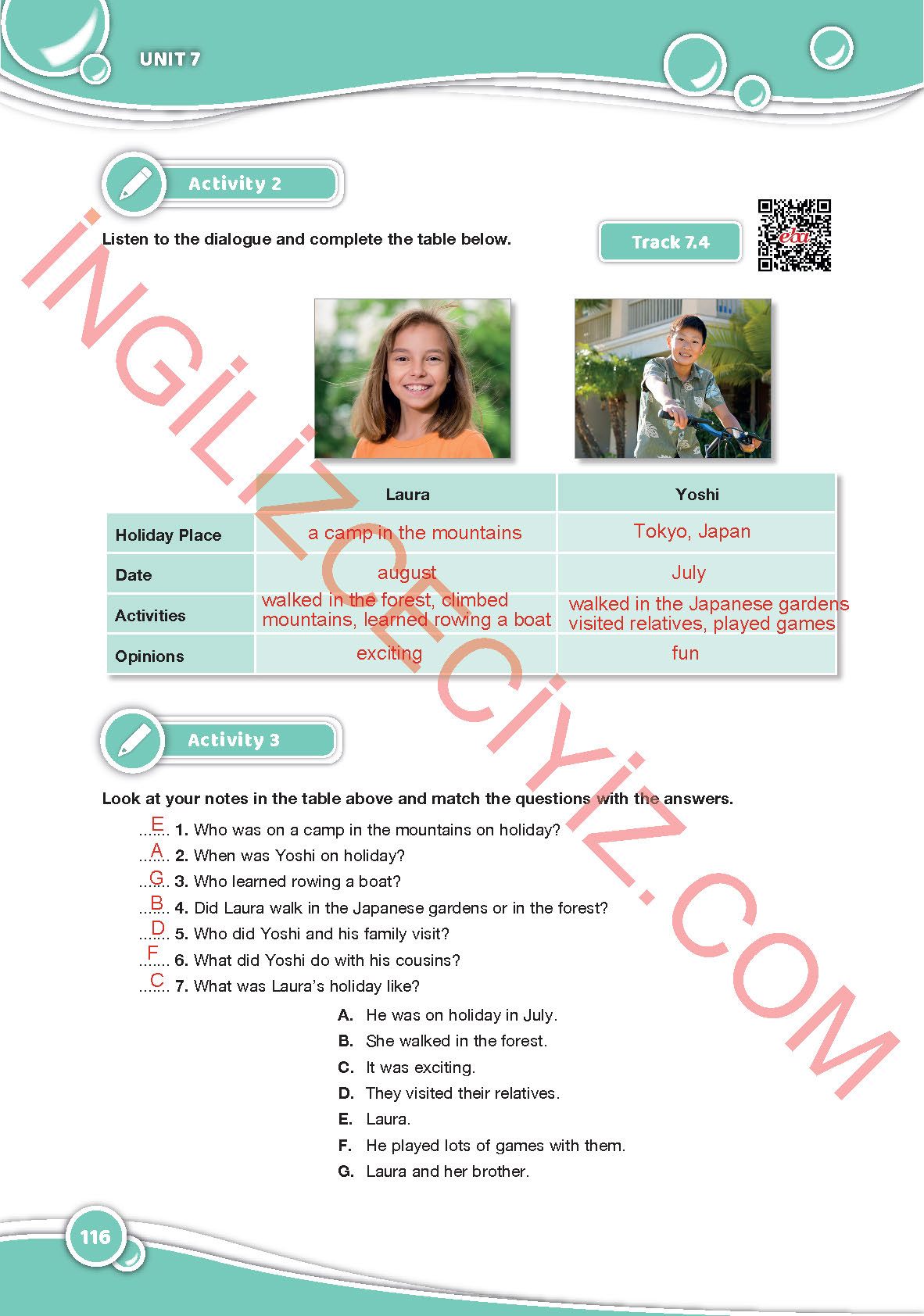6. Sınıf İngilizce Özgün Yayınları Kitabı Sayfa 116 Cevapları